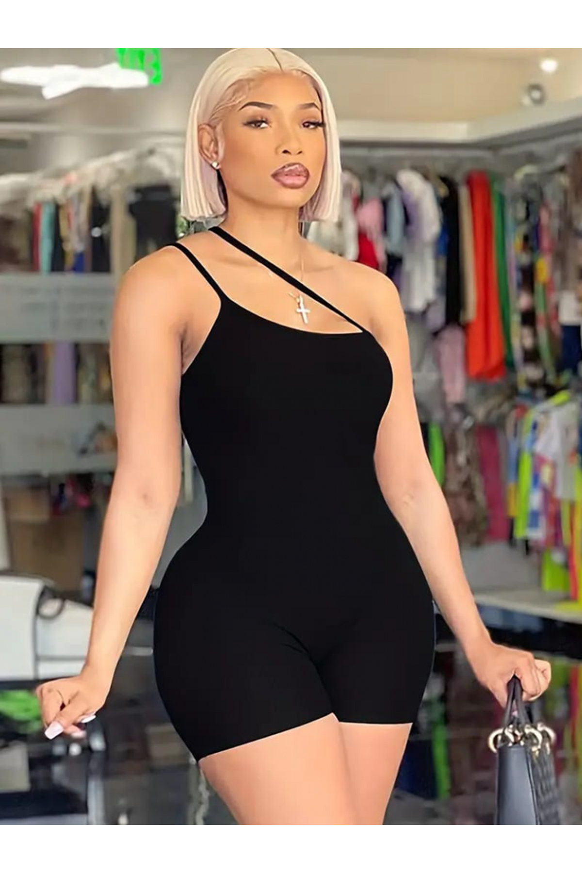 Kadın Asimetrik Askılı Mini Kaşkorse Bodycon Tulum