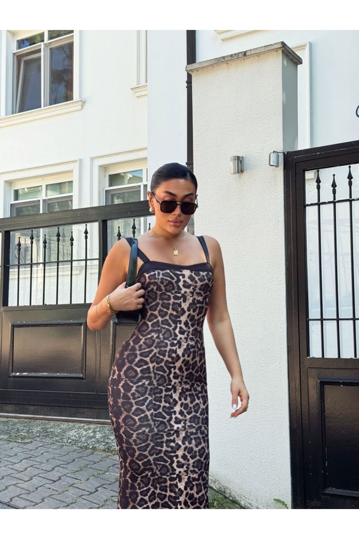 Kadın Dalgıç Kumaş Dijital Leopar Baskılı Midi Boy Elbise