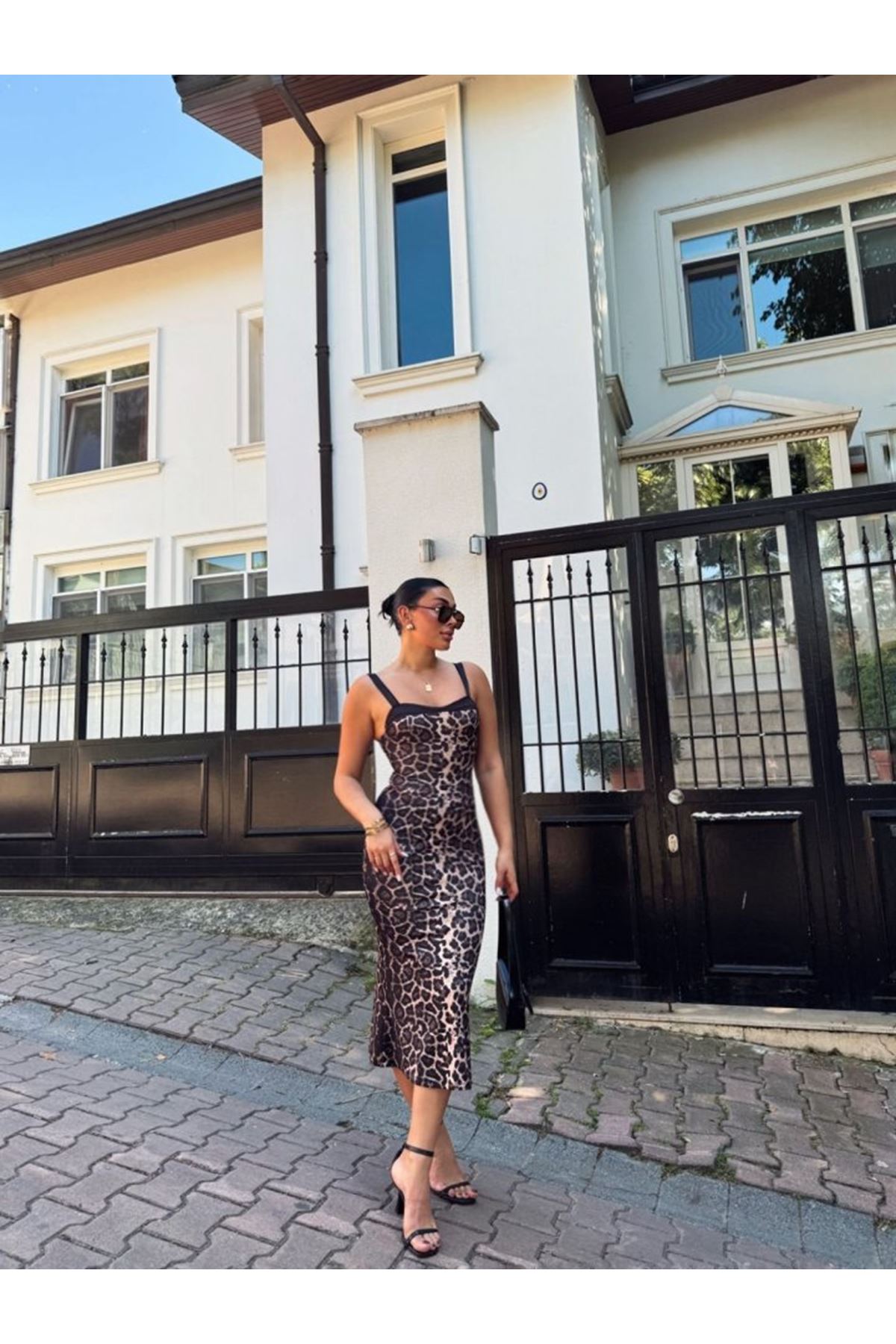 Kadın Dalgıç Kumaş Dijital Leopar Baskılı Midi Boy Elbise