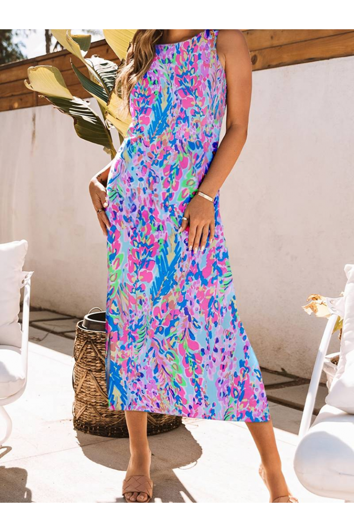 Kadın Askılı Yuvarlak Yaka Yandan Yırtmaçlı Uzun Süprem Elbise