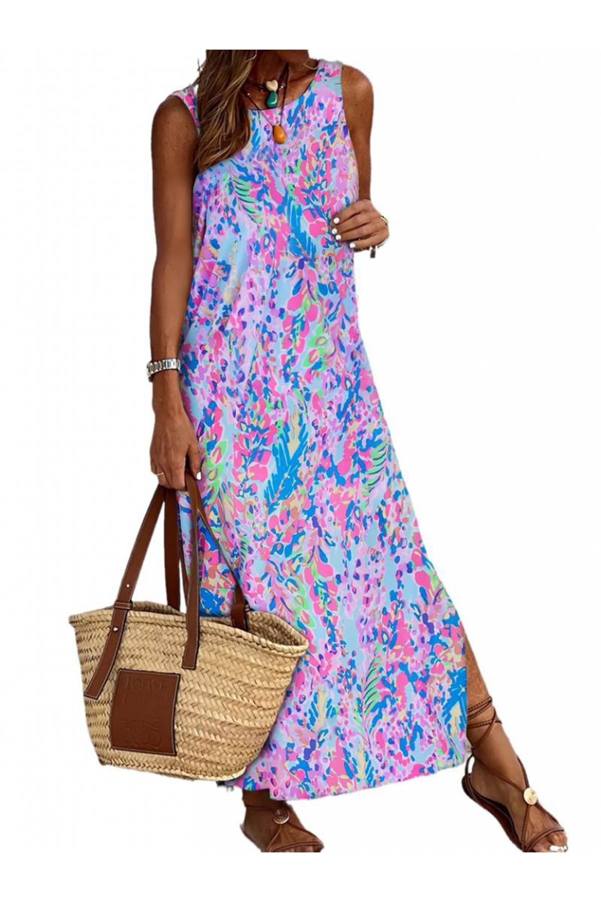 Kadın Askılı Yuvarlak Yaka Yandan Yırtmaçlı Uzun Süprem Elbise