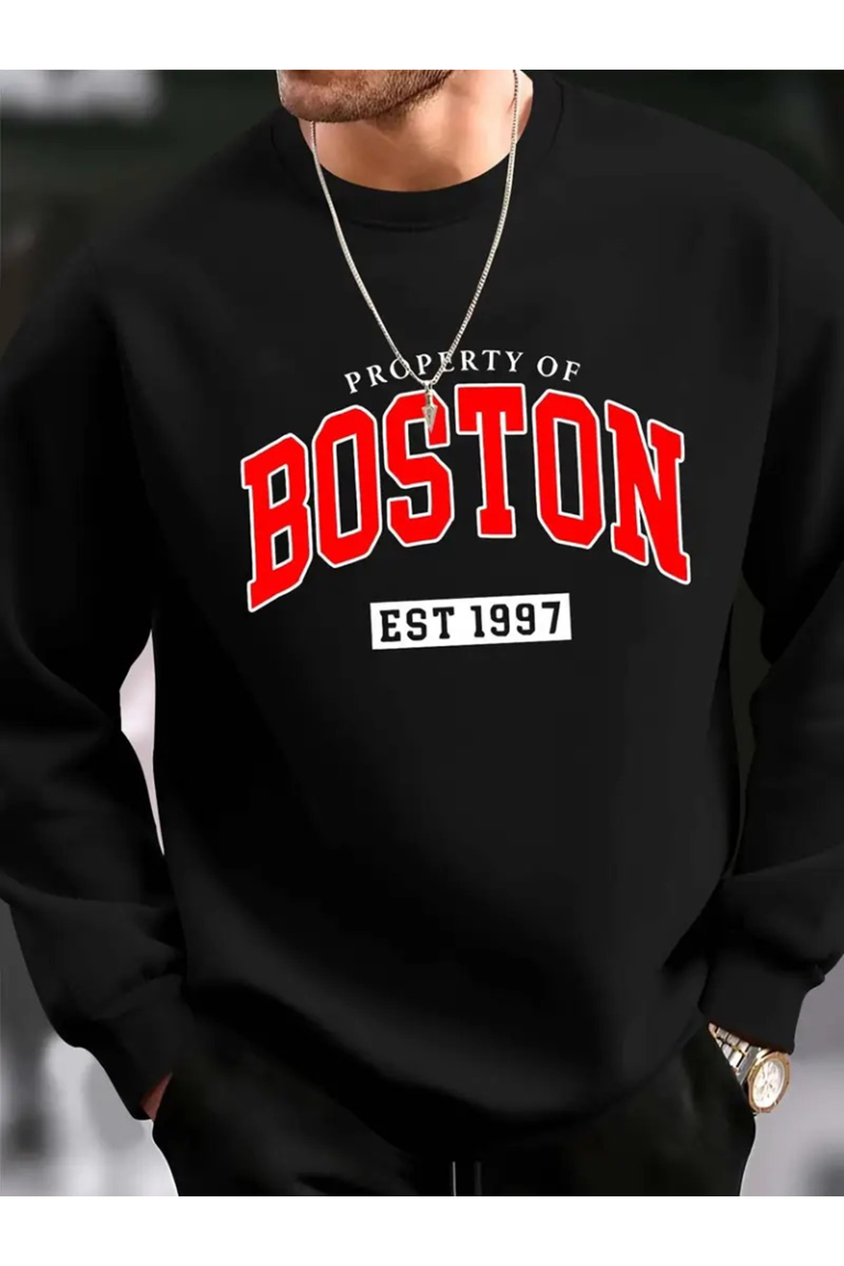 Erkek Uzun Kollu Bisiklet Yaka Boston Yazılı Iki Iplik Sweat