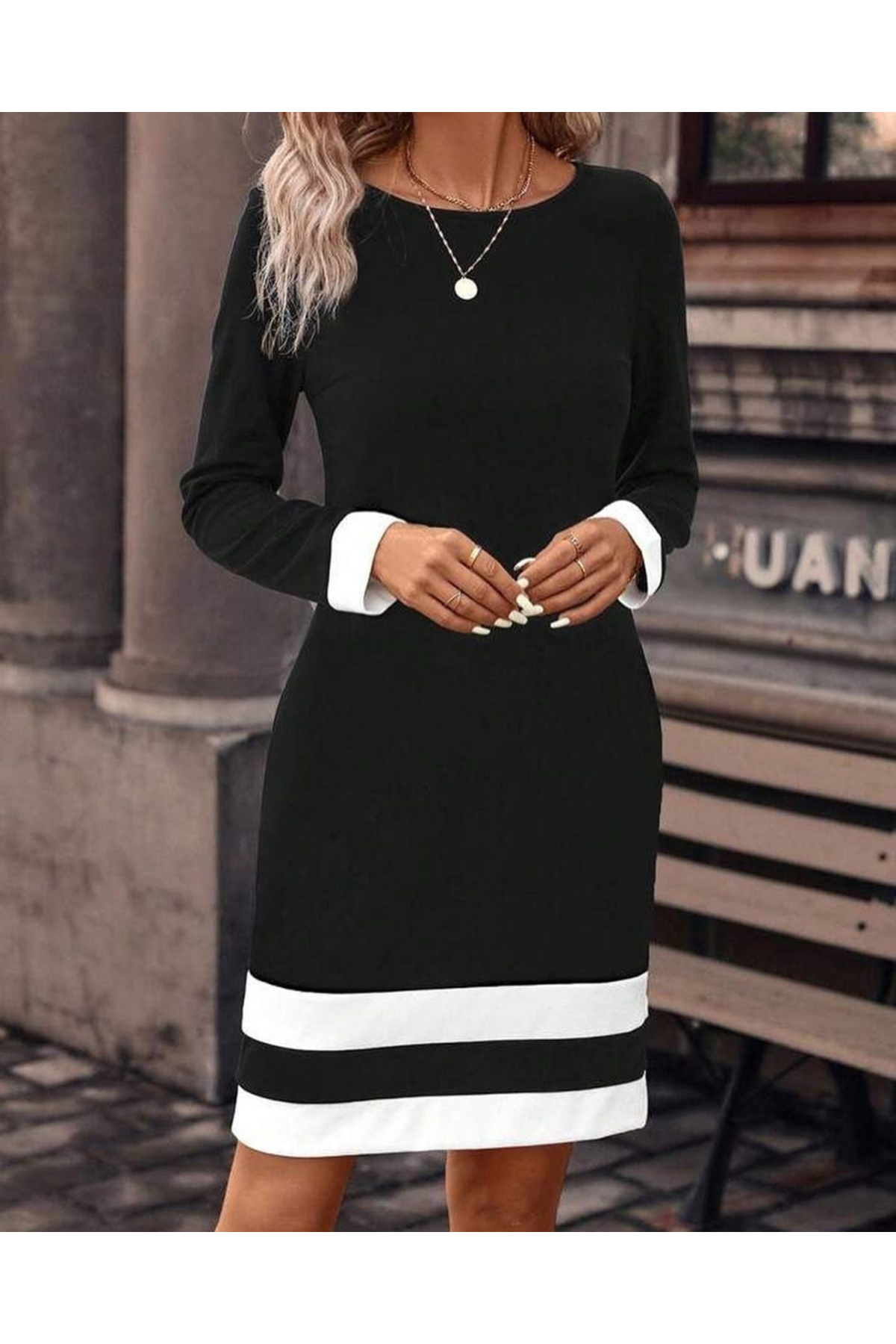 Kadın Uzun Kollu Bisiklet Yaka Kol Ve Tek Ucu şeritli Ithal Krep Midi Elbise