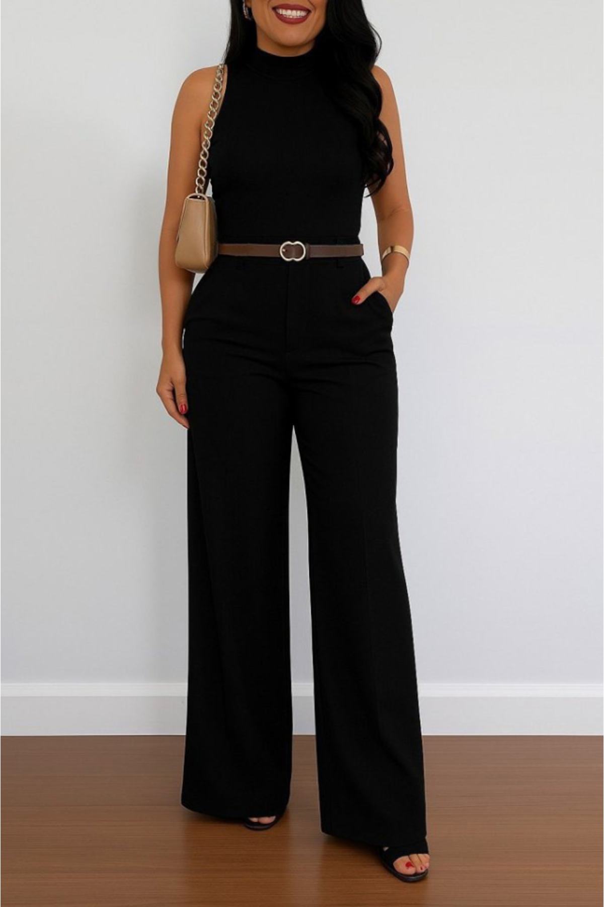 Kadın Yüksek Bel Geniş Paça Detaylı Cepli Ithal Krep Pantolon