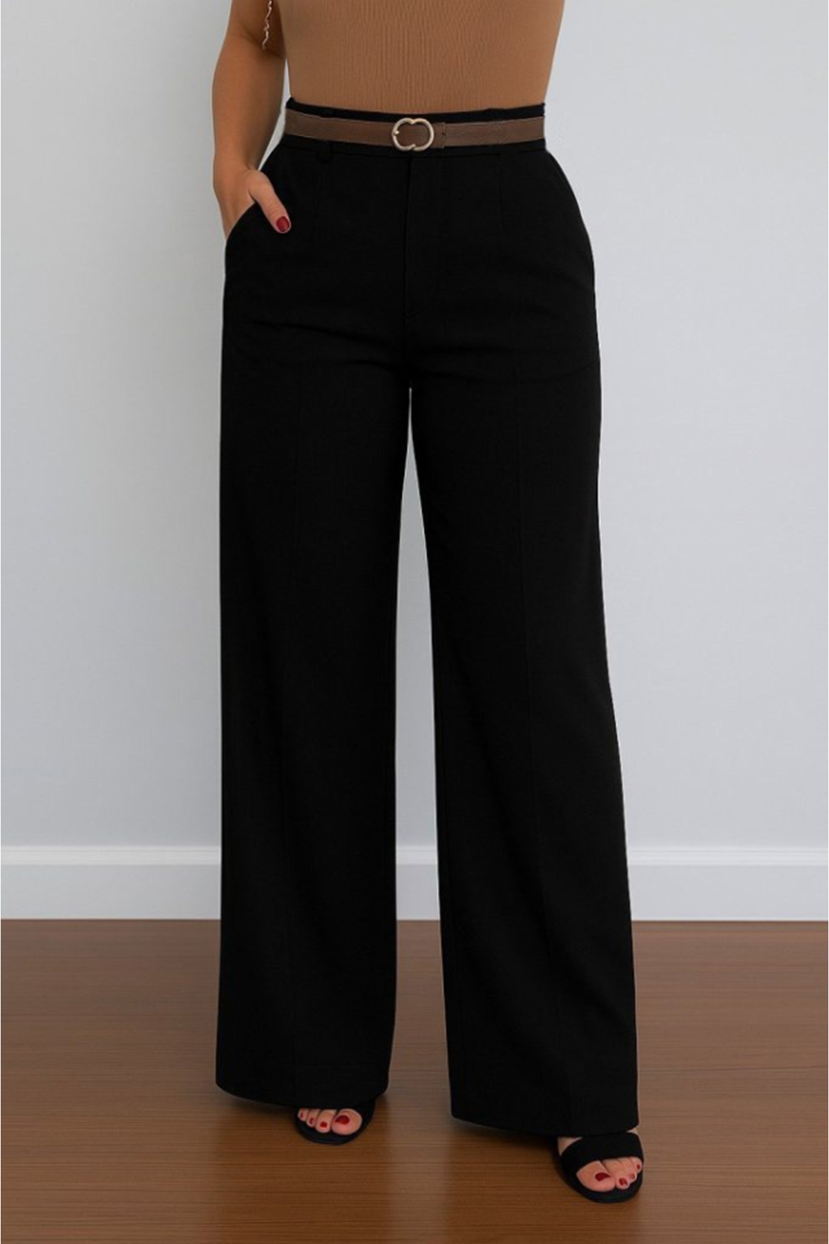 Kadın Yüksek Bel Geniş Paça Detaylı Cepli Ithal Krep Pantolon