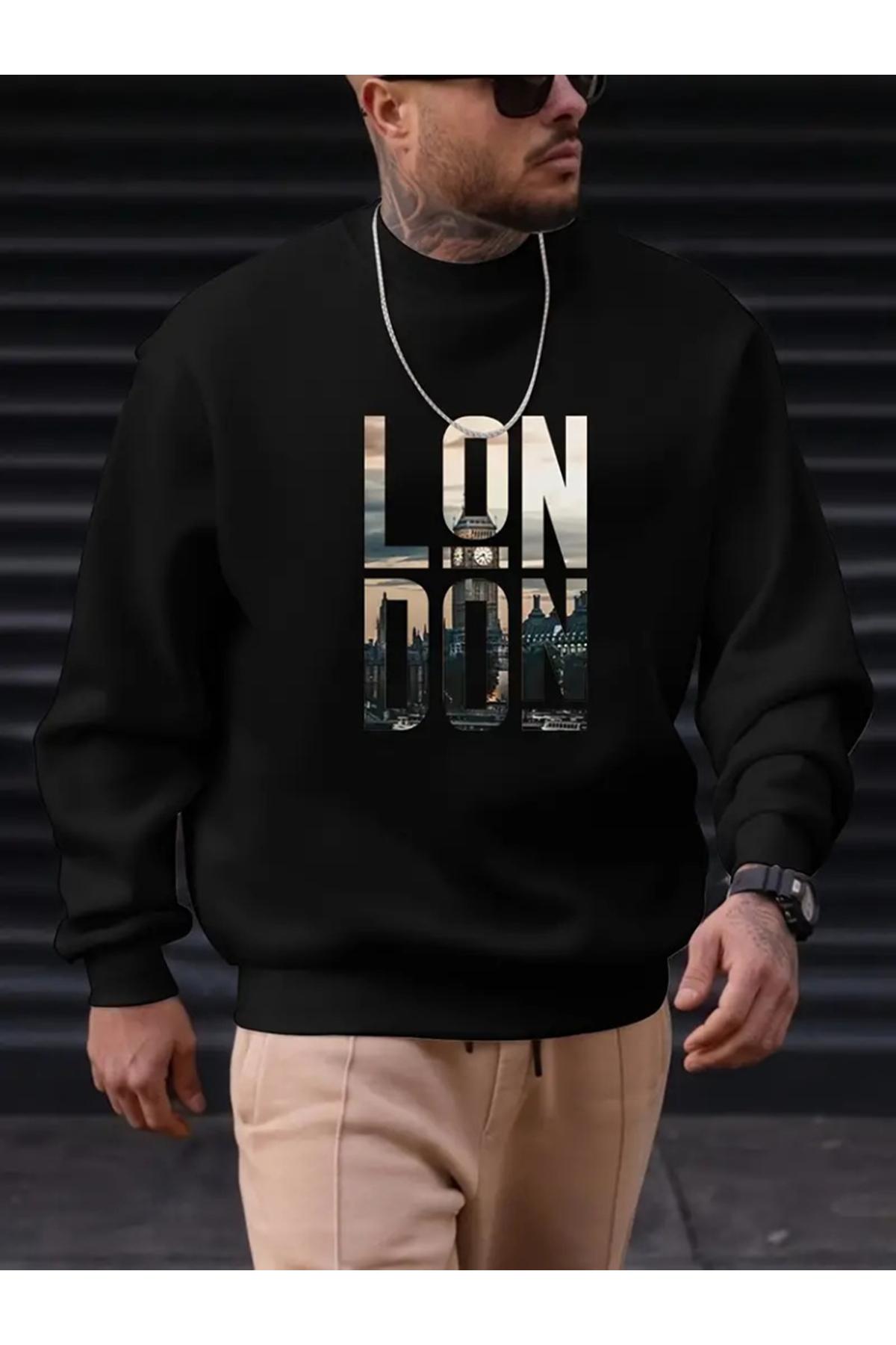 Erkek Uzun Kollu Bisiklet Yaka London Logo Baskılı Iki Iplik Sweat