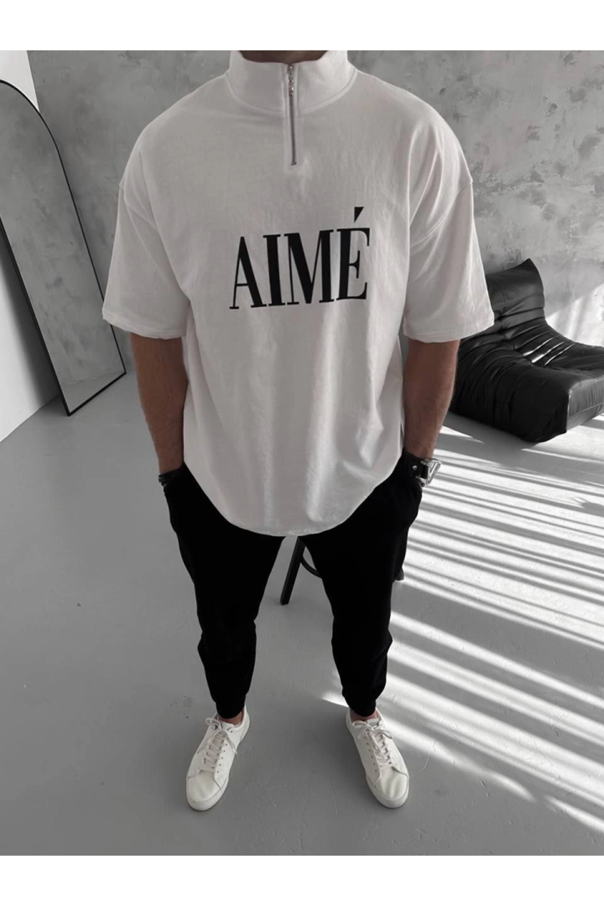 Unisex Yarım Fermuarlı Baskılı T-Shirt - Beyaz