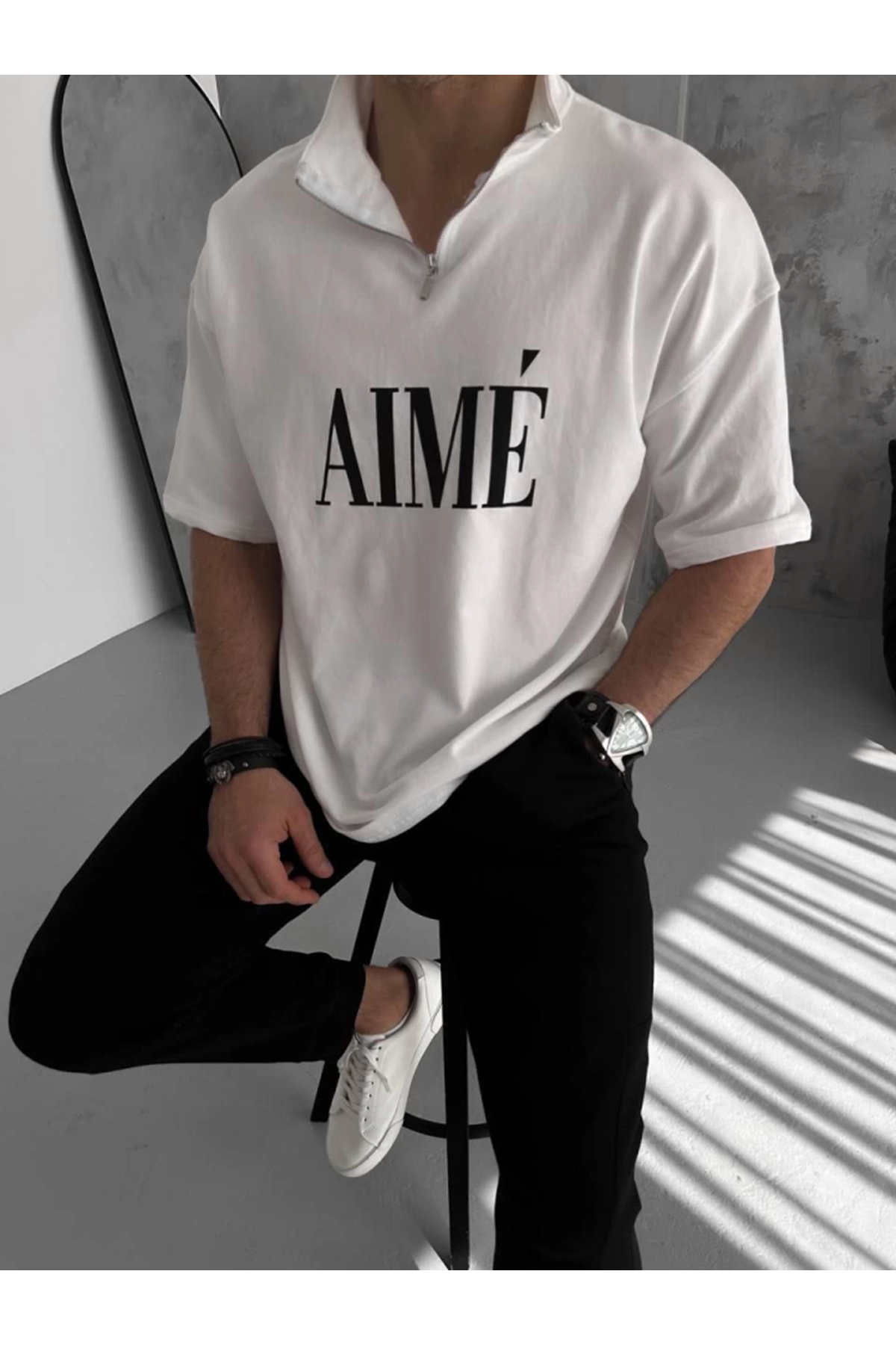 Unisex Yarım Fermuarlı Baskılı T-Shirt - Beyaz