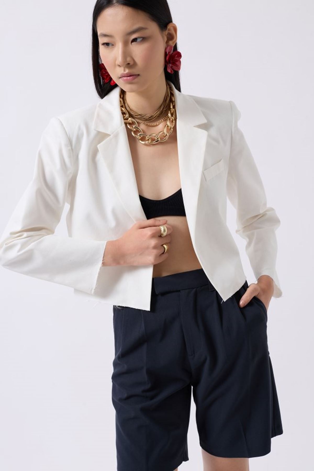 Crop Keten Blazer Ceket