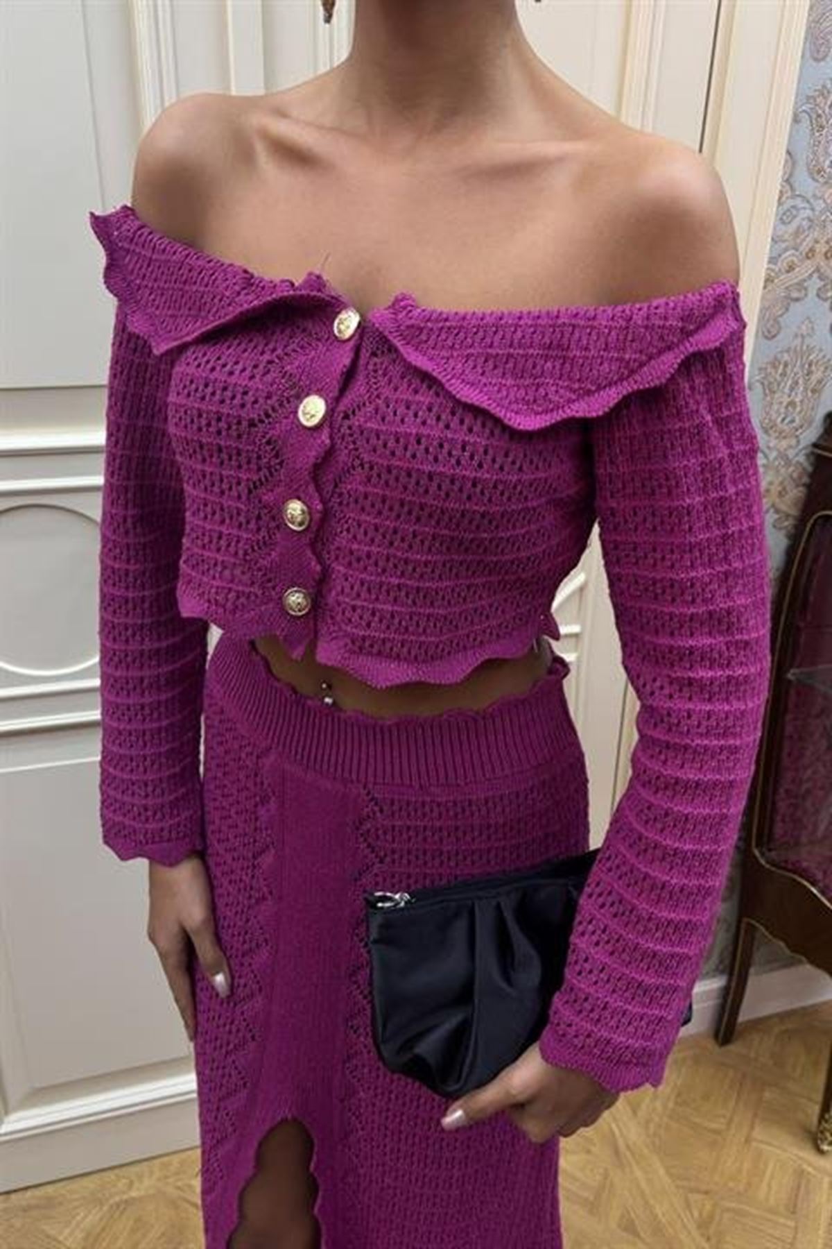 Madonna Yaka Derin Yırtmaç Etekli Şık Triko Takım 10099