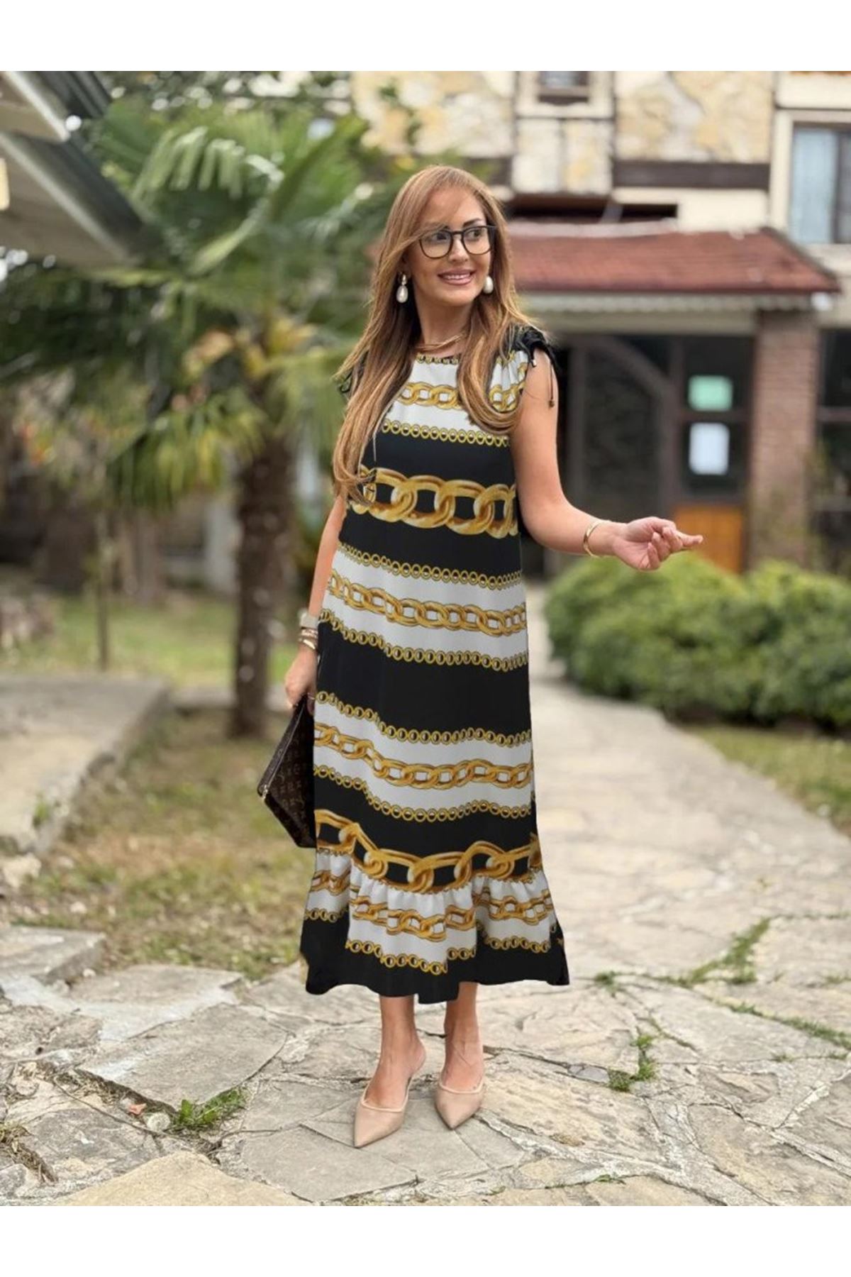 Kadın Omuzlardan Büzgülü Kayık Yaka Fırfırlı Janjan Krep Elbise