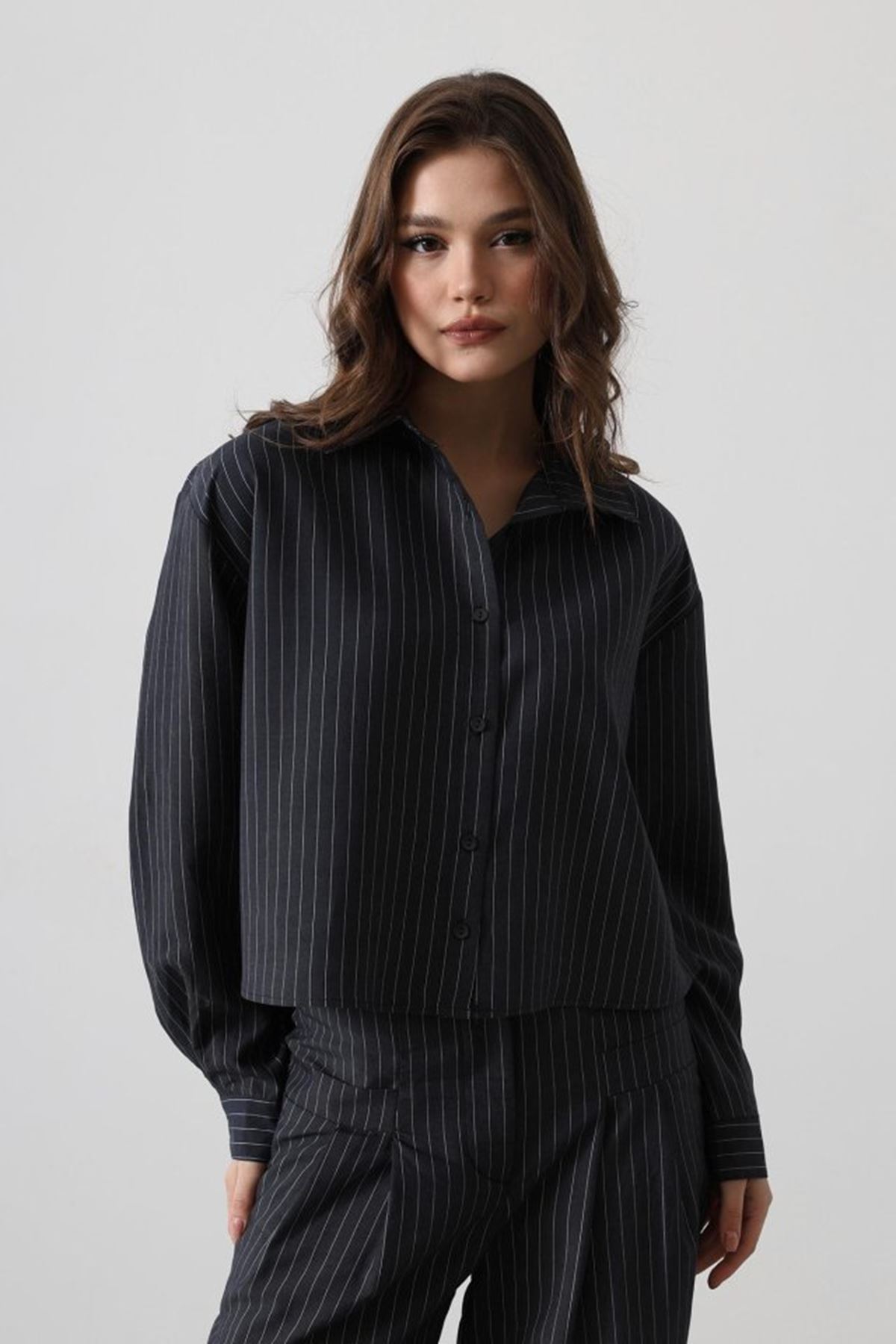 Çizgili Gömlek Pantolon Takım - Lacivert