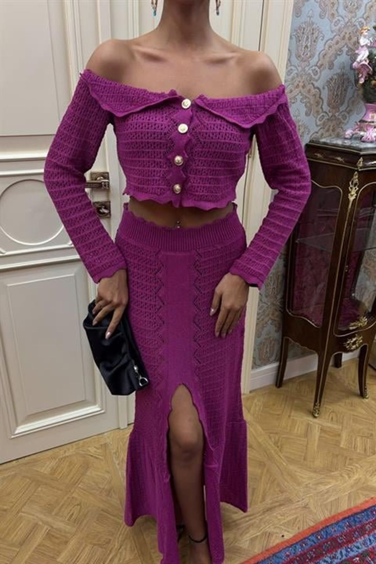 Madonna Yaka Derin Yırtmaç Etekli Şık Triko Takım 10099