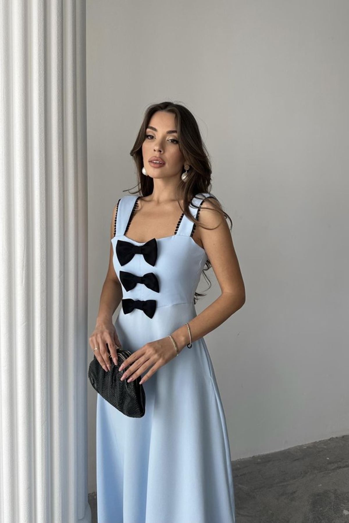 Bebe Mavi Fiyonk Garnili Dantelli Elbise