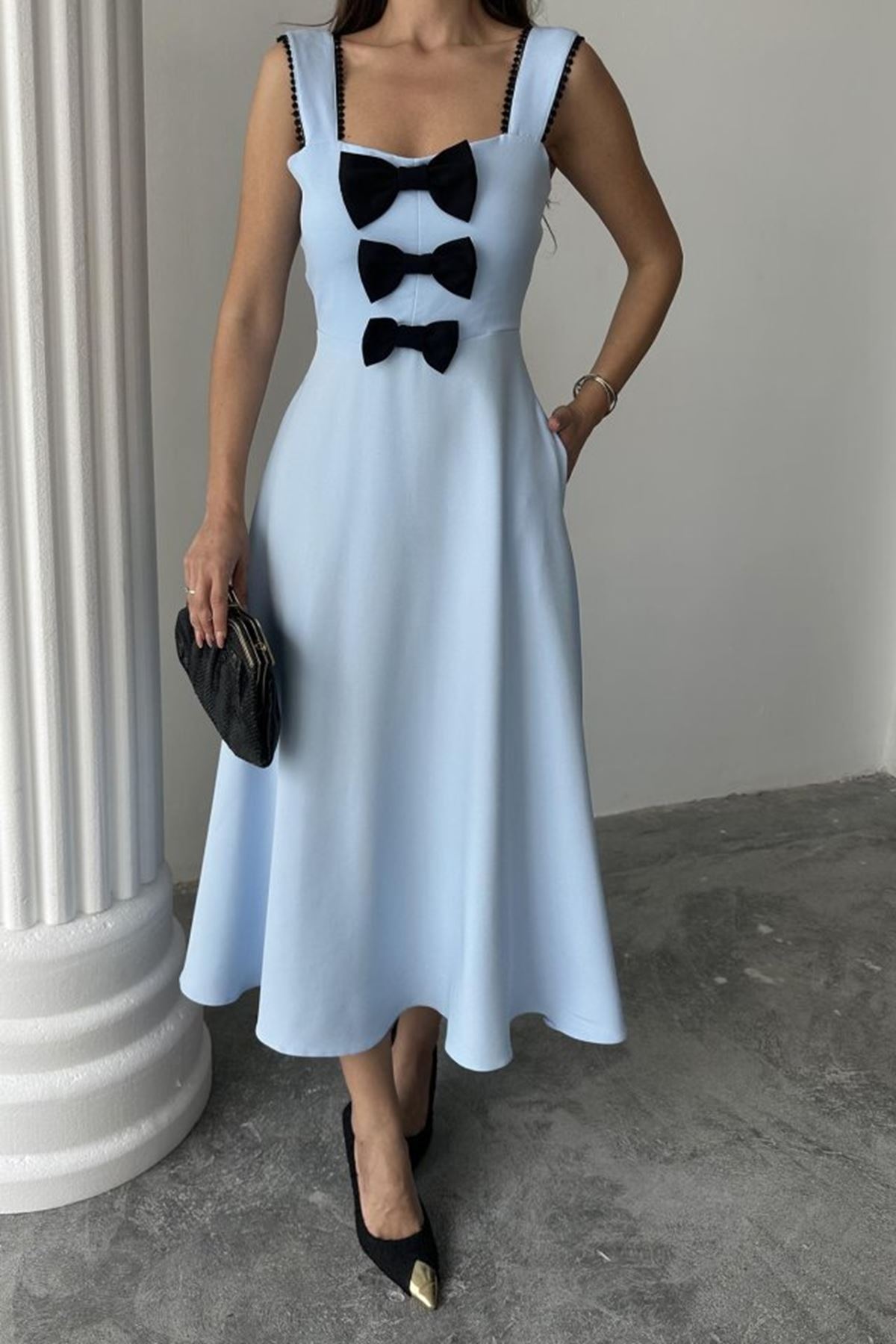 Bebe Mavi Fiyonk Garnili Dantelli Elbise