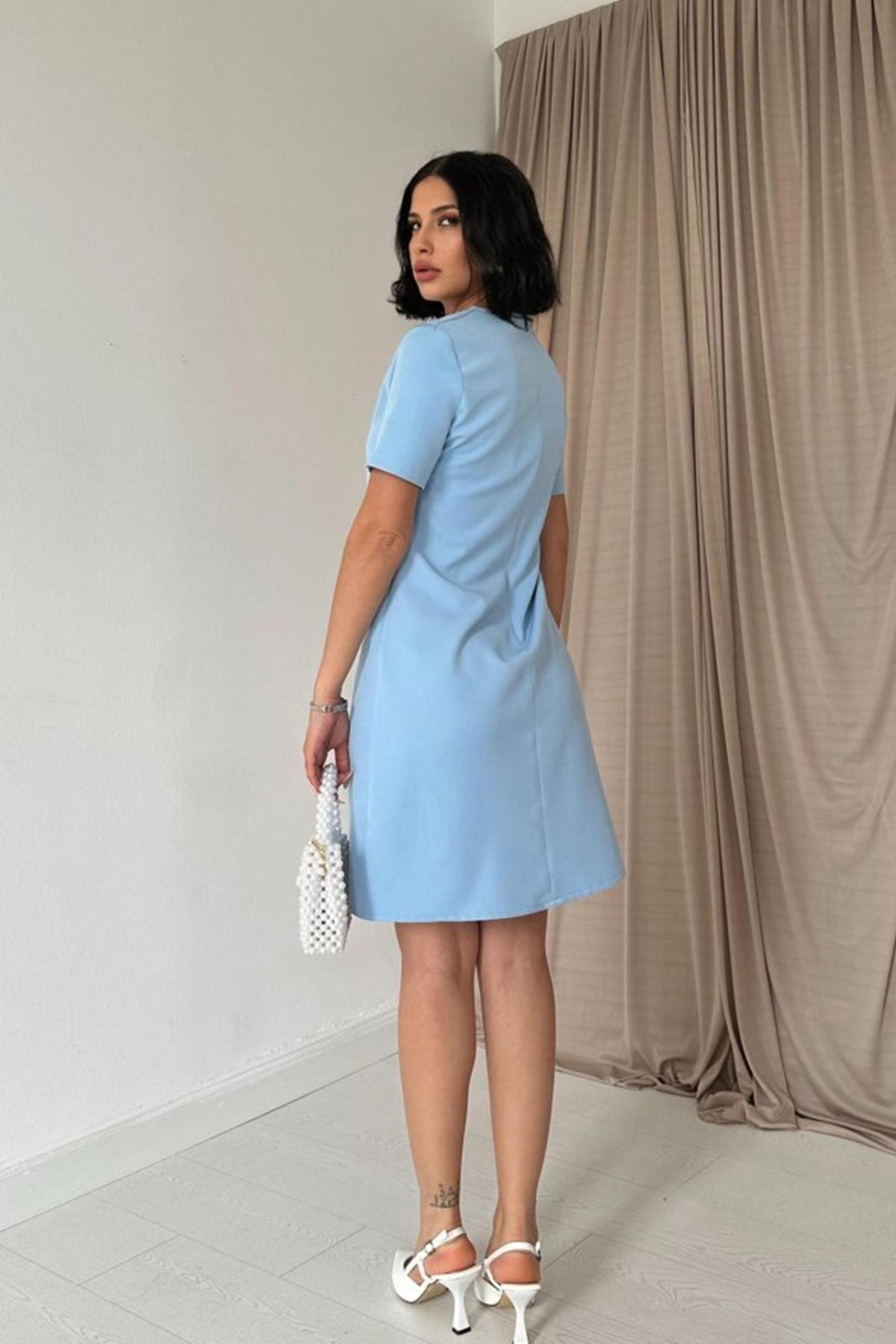 Mavi Kısa Kol Atlas Mini Elbise