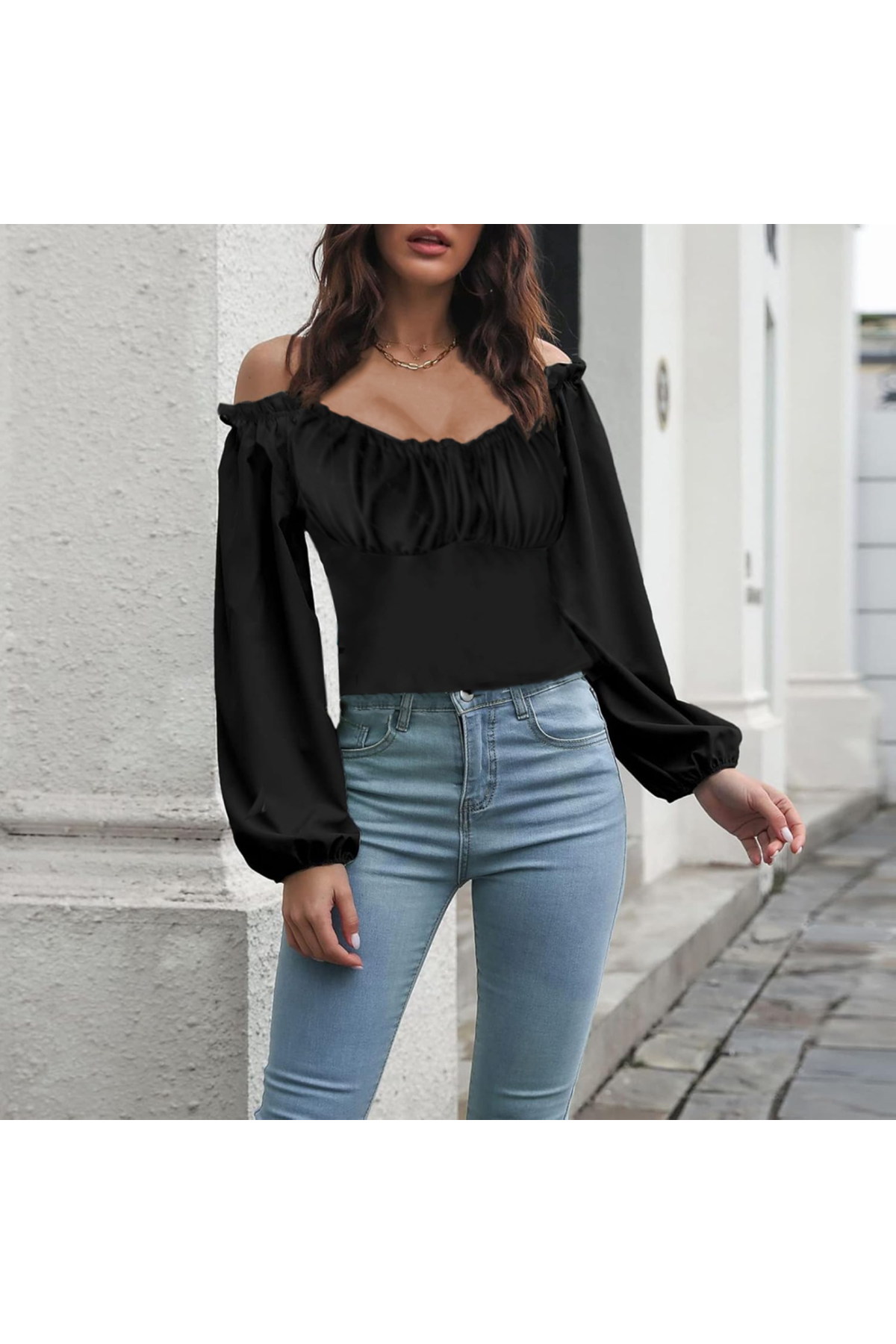 Kadın Uzun Kollu Kare Yaka Göğüs Büzgü Detay Sandy Bluz