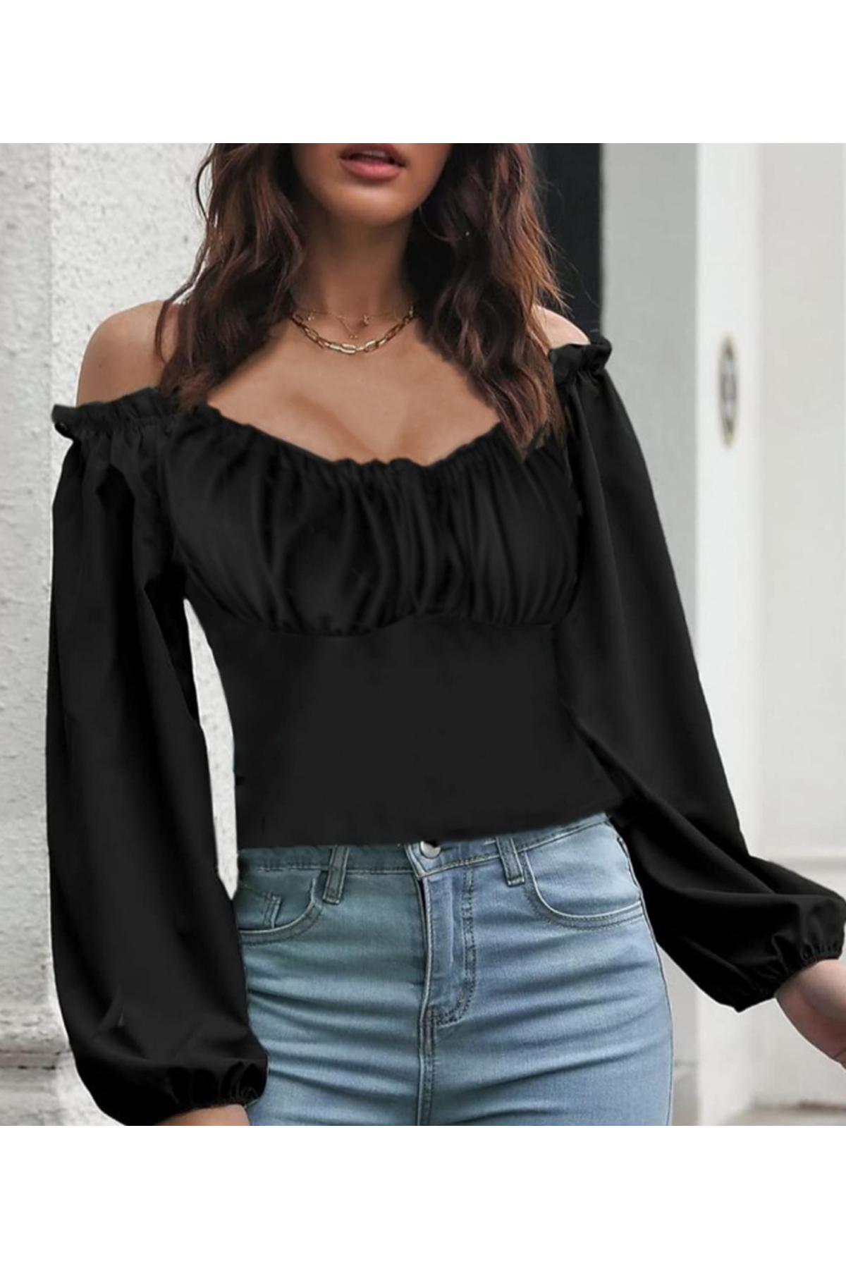 Kadın Uzun Kollu Kare Yaka Göğüs Büzgü Detay Sandy Bluz