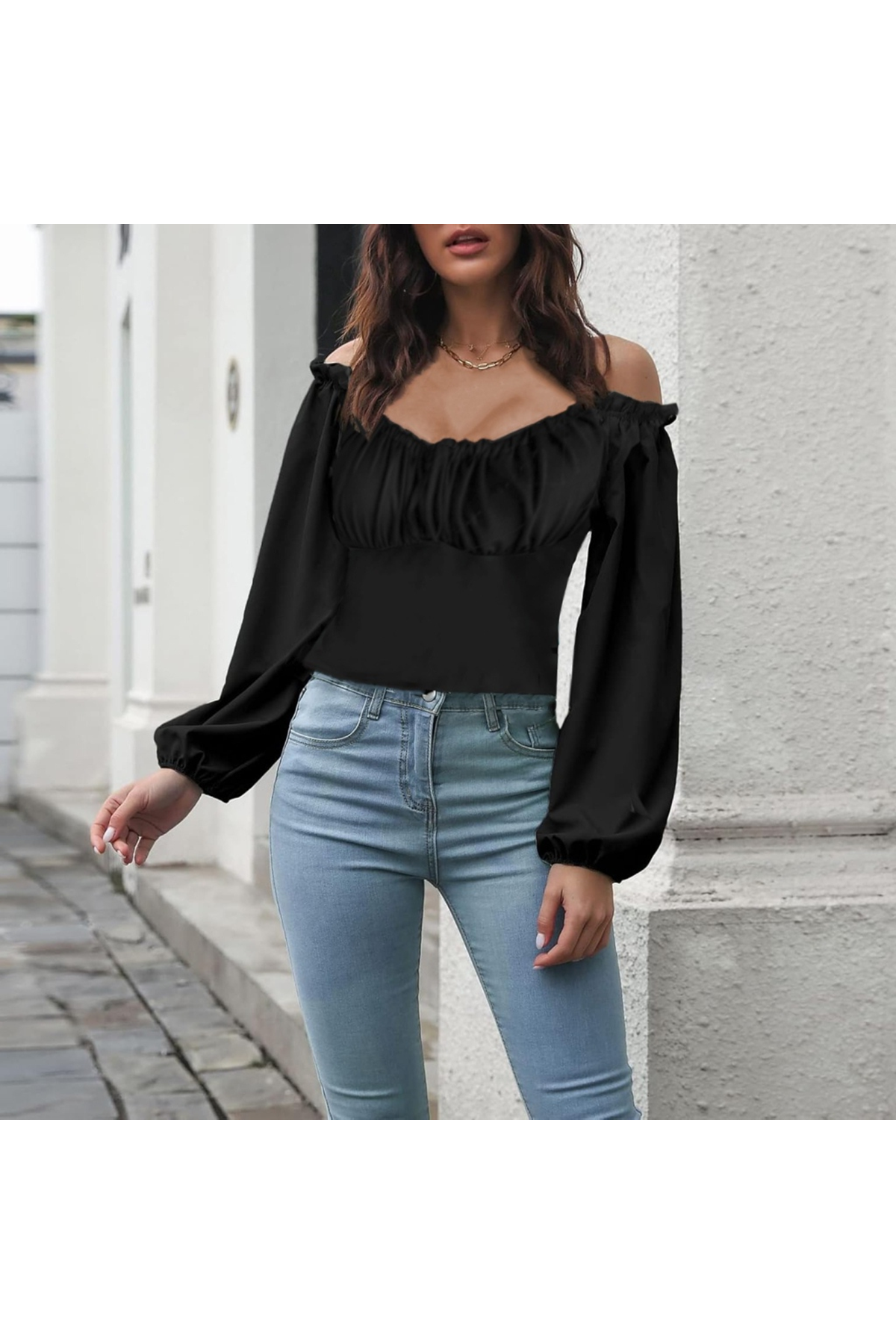 Kadın Uzun Kollu Kare Yaka Göğüs Büzgü Detay Sandy Bluz