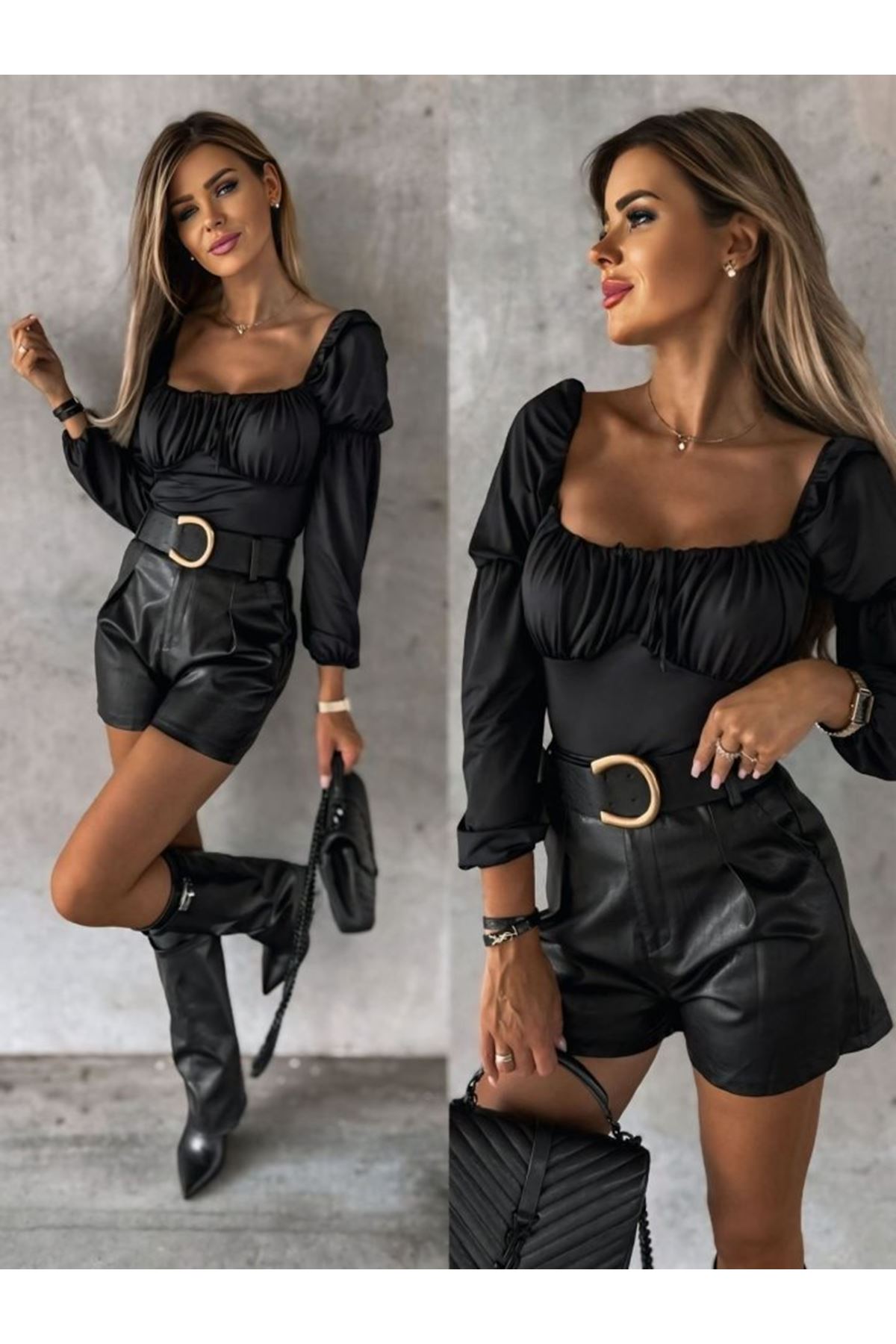 Kadın Uzun Kollu Kare Yaka Göğüs Büzgü Detay Sandy Bluz