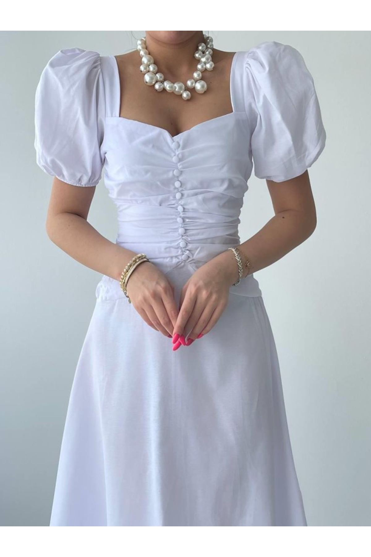 Kare Yaka Düğmeli Elbise