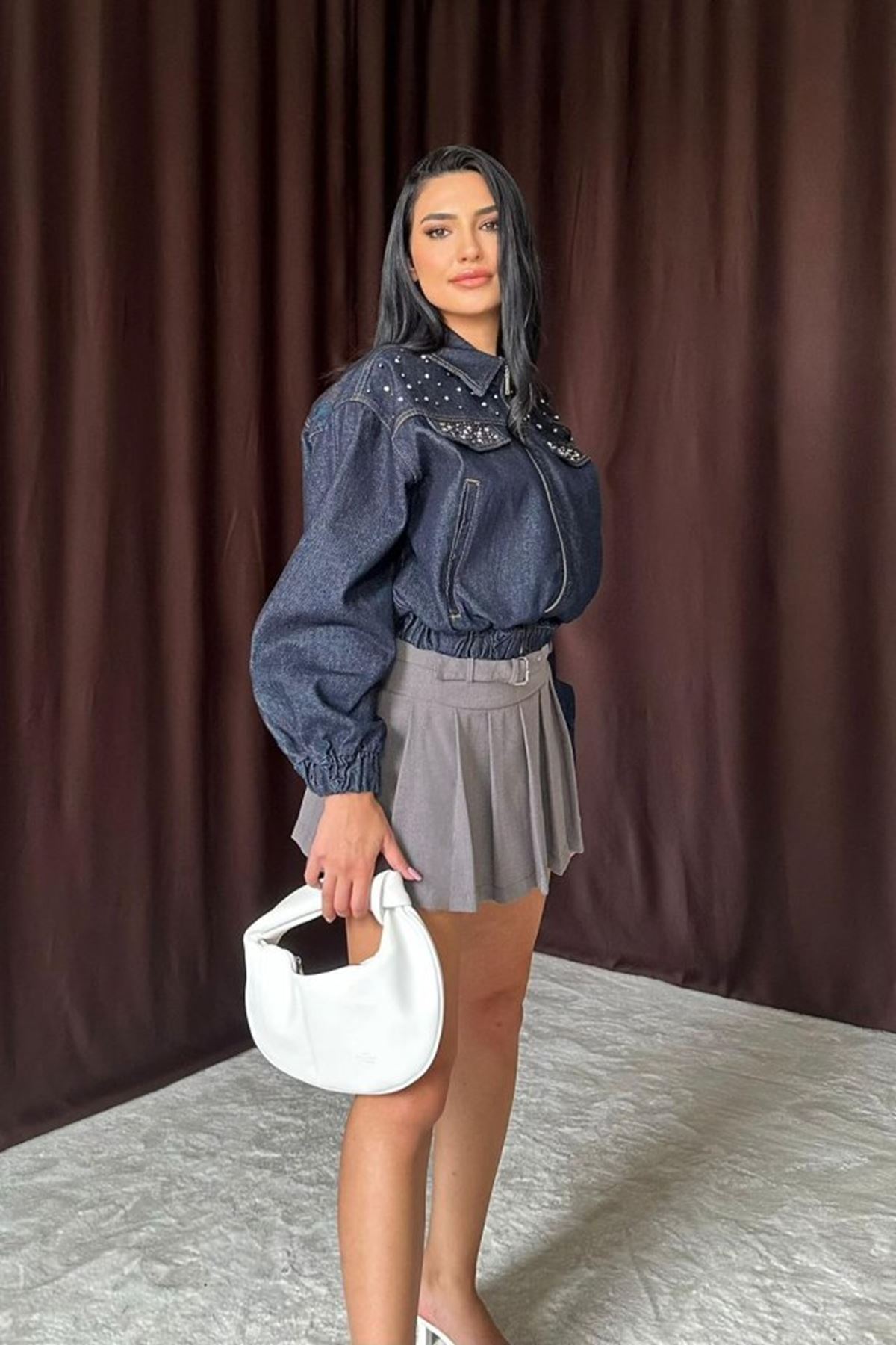 Mavi Taşlı Kısa Kot Ceket