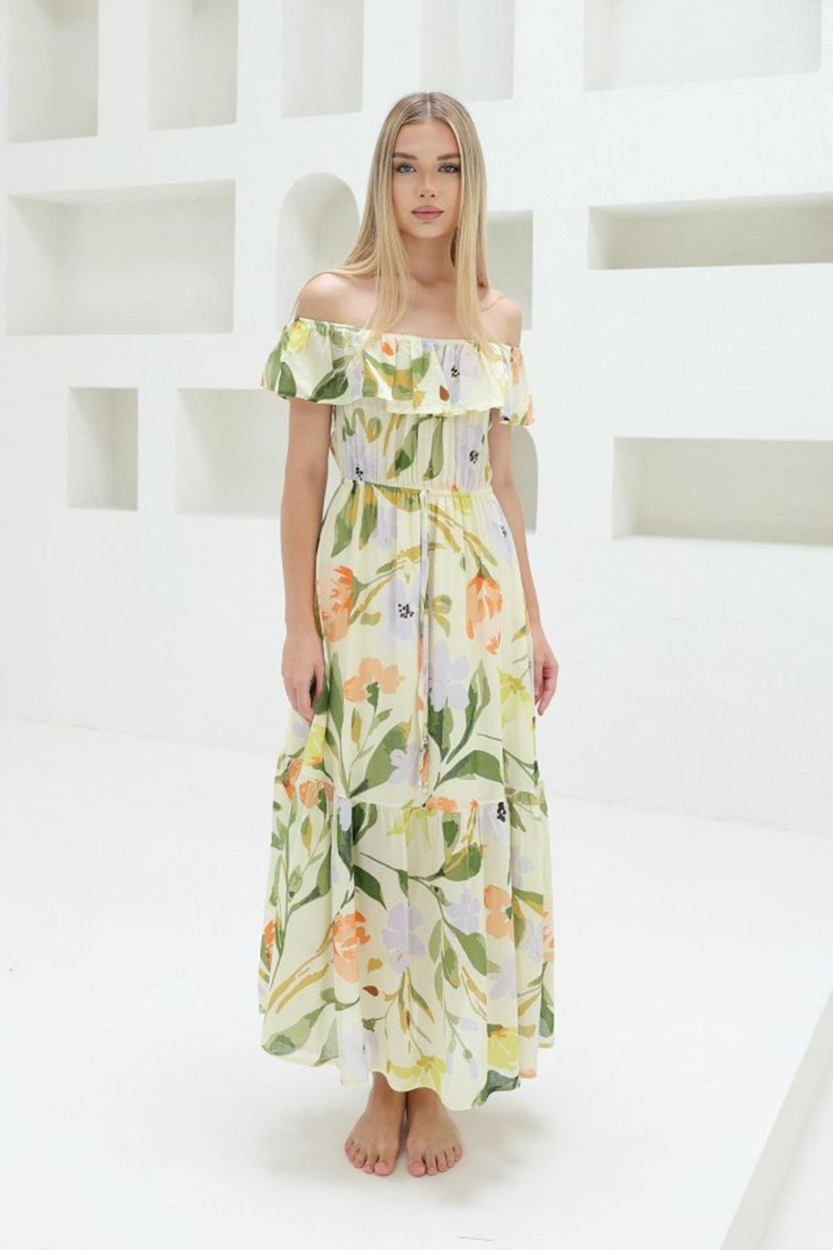 Madonna Yaka Elbise - Yeşil - Ekru