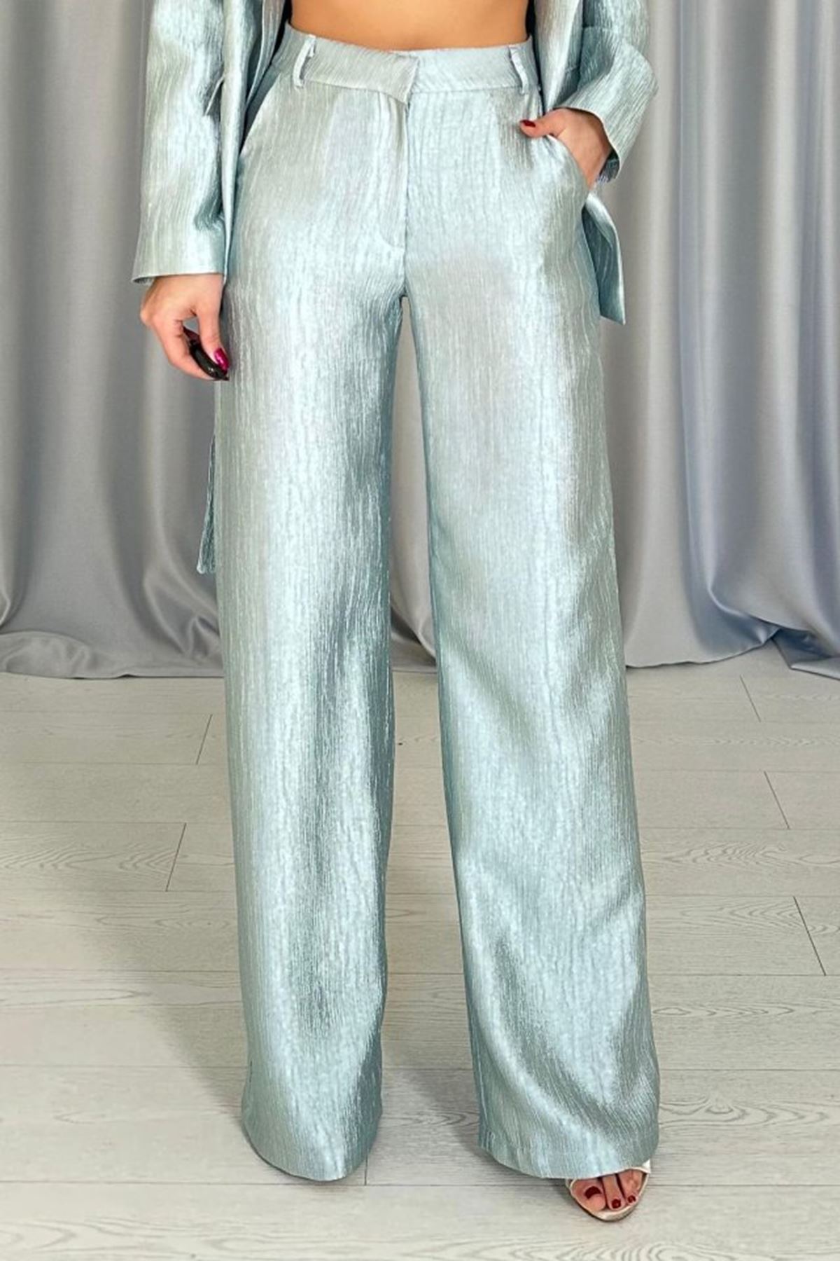 Mint Beli Kuşaklı Ceket Ve Pantolon Parlak Takım