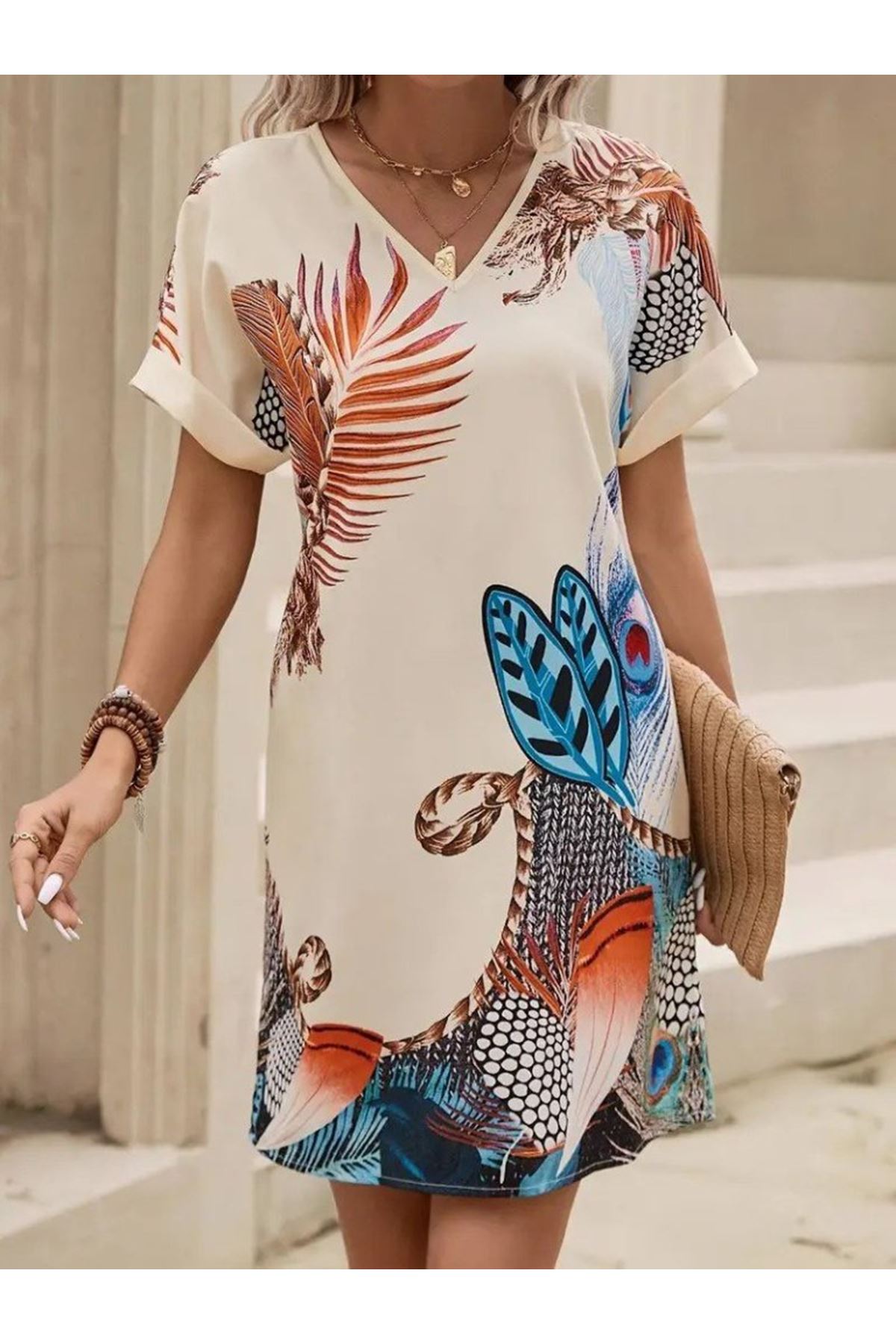 Kadın Kısa Kollu V Yakalı Desenli Mini Atlas Elbise