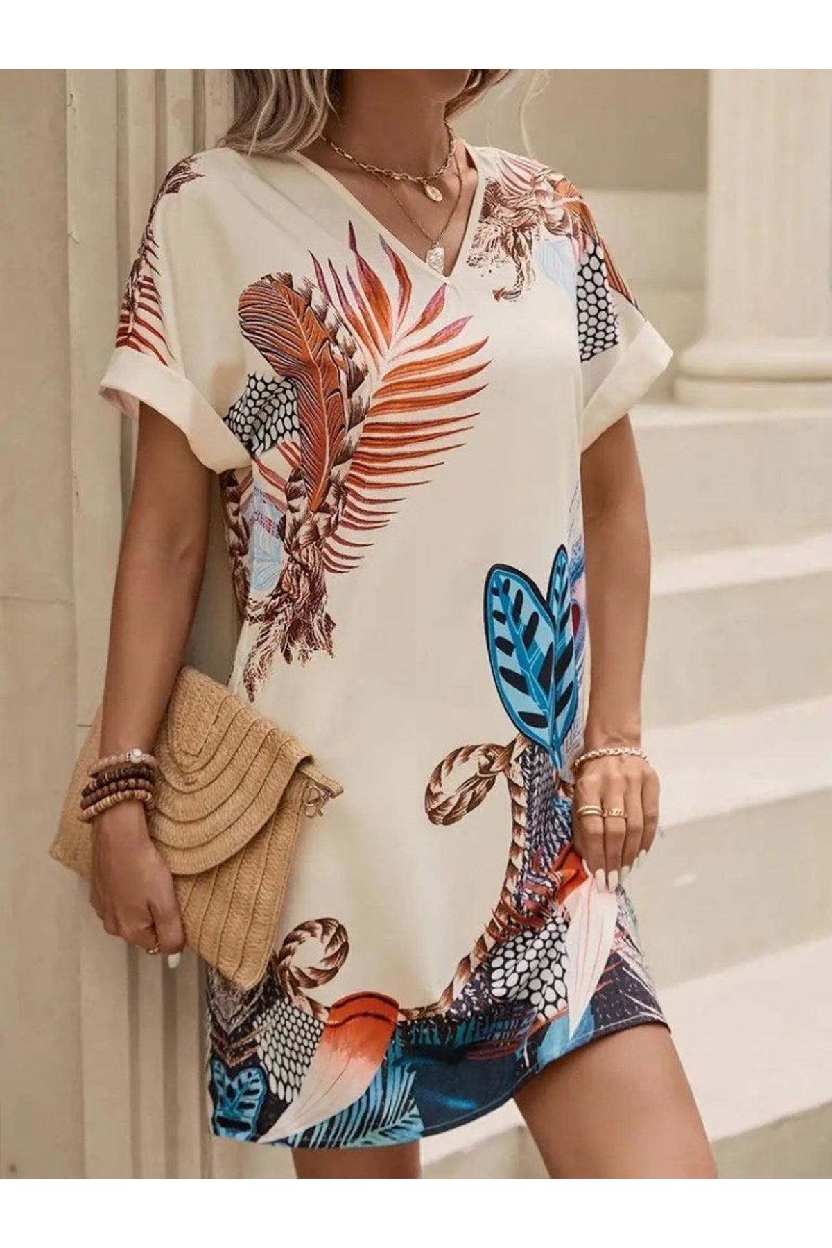 Kadın Kısa Kollu V Yakalı Desenli Mini Atlas Elbise