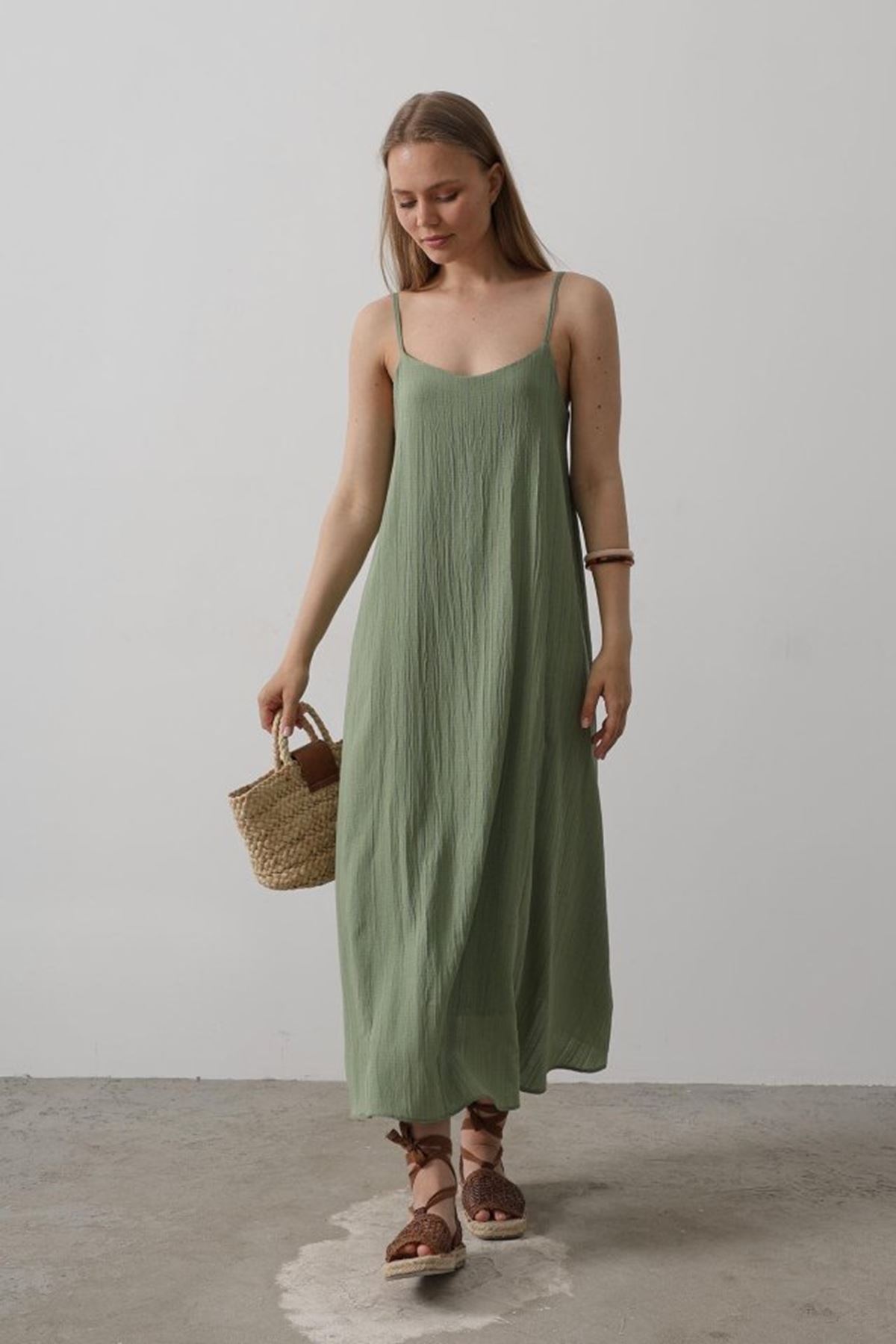 Askılı Uzun Çan Elbise - Haki