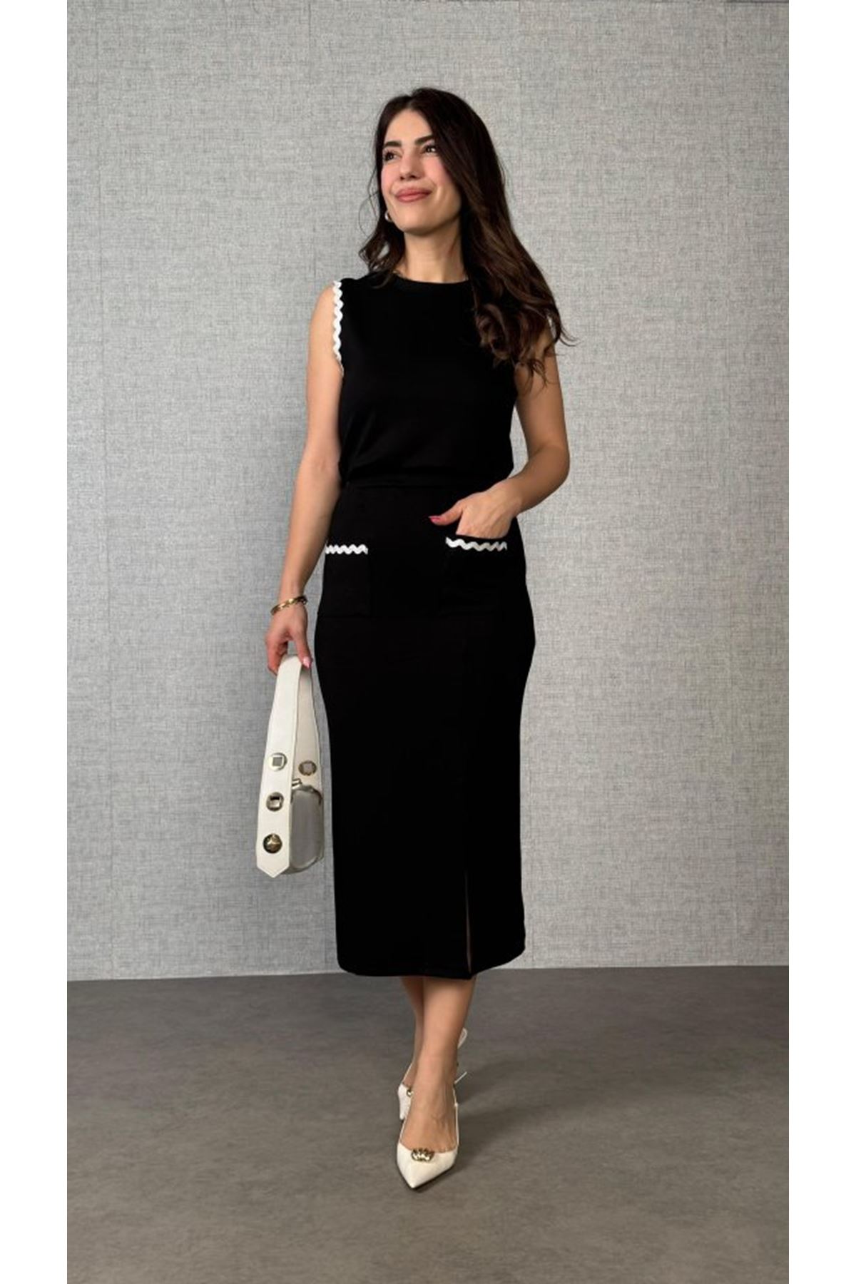 Kadın Modal Kumaş Cepli Yırtmaç Detay Etekli Ikili Takım