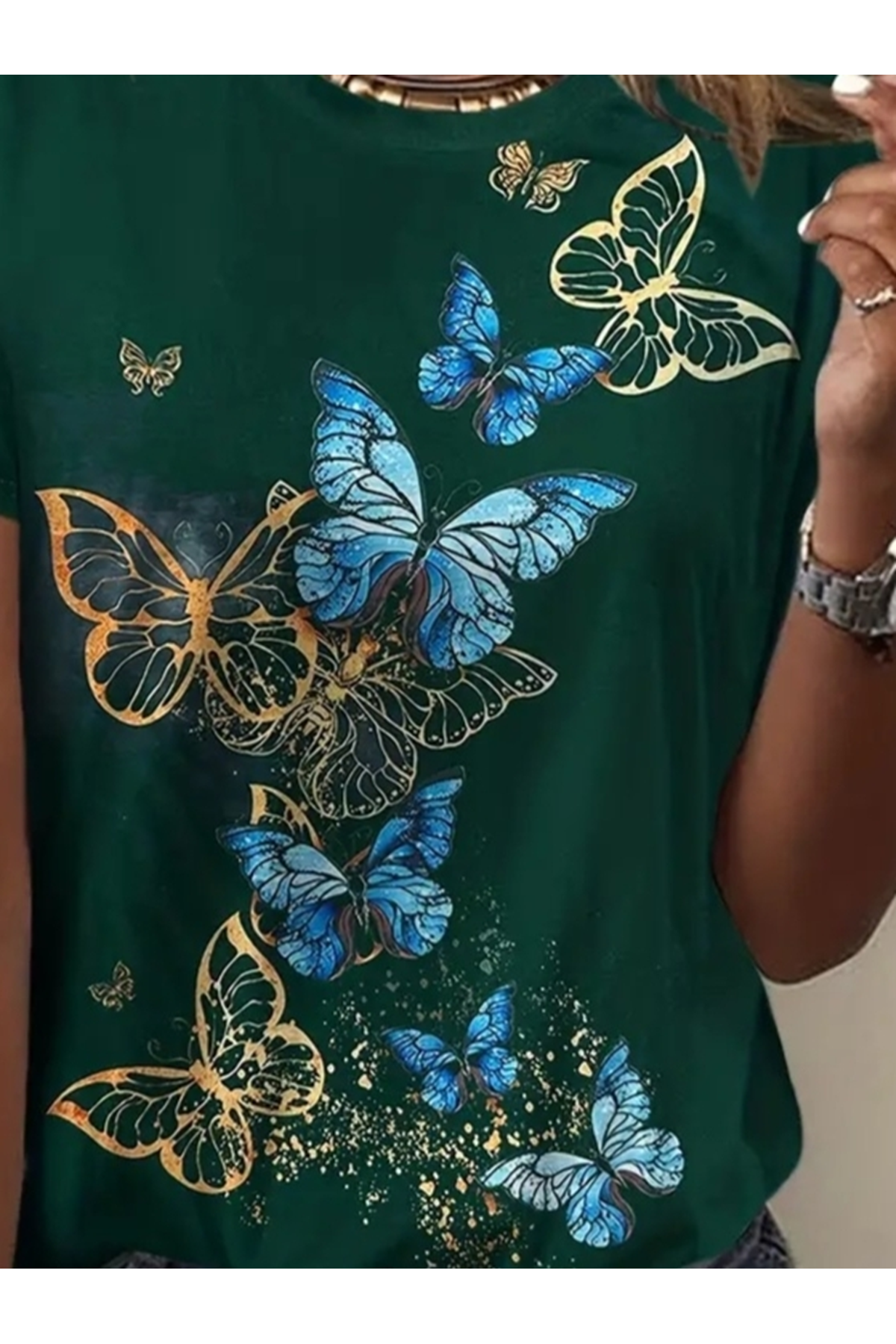 Kadın Kısa Kollu Mavi Sarı Kelebek Baskı Süprem T-shirt