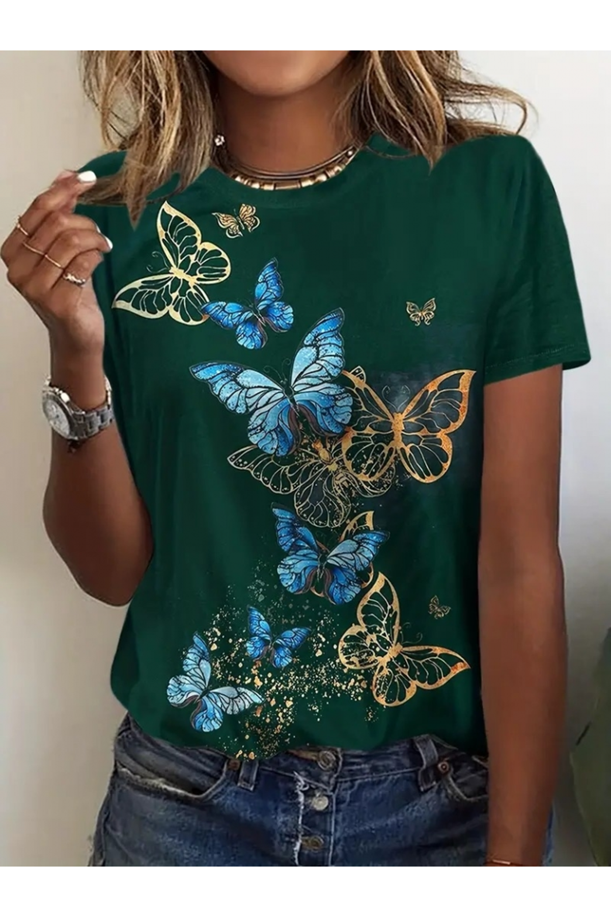 Kadın Kısa Kollu Mavi Sarı Kelebek Baskı Süprem T-shirt