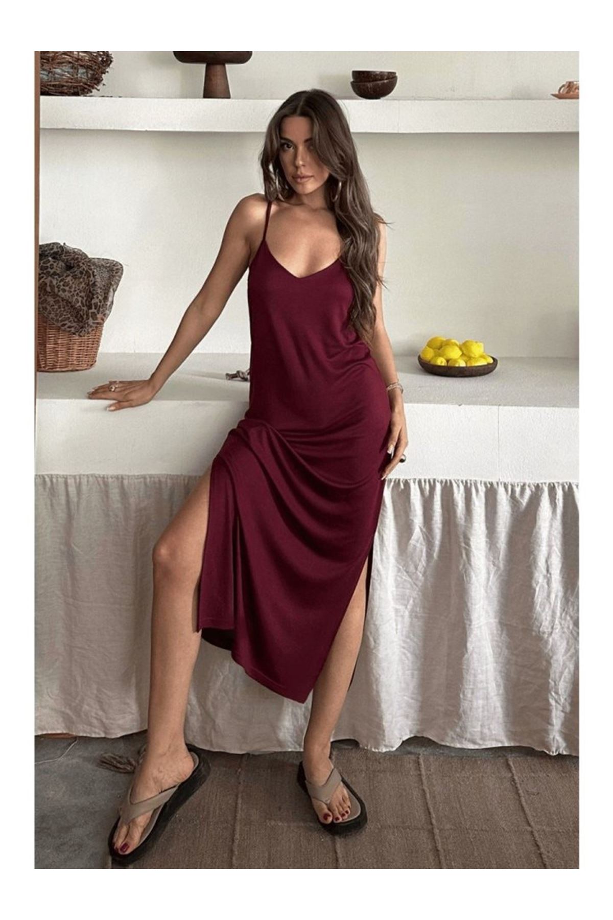 Kadın Siyah Asansör Askılı Çift Yırtmaçlı Helen Elbise