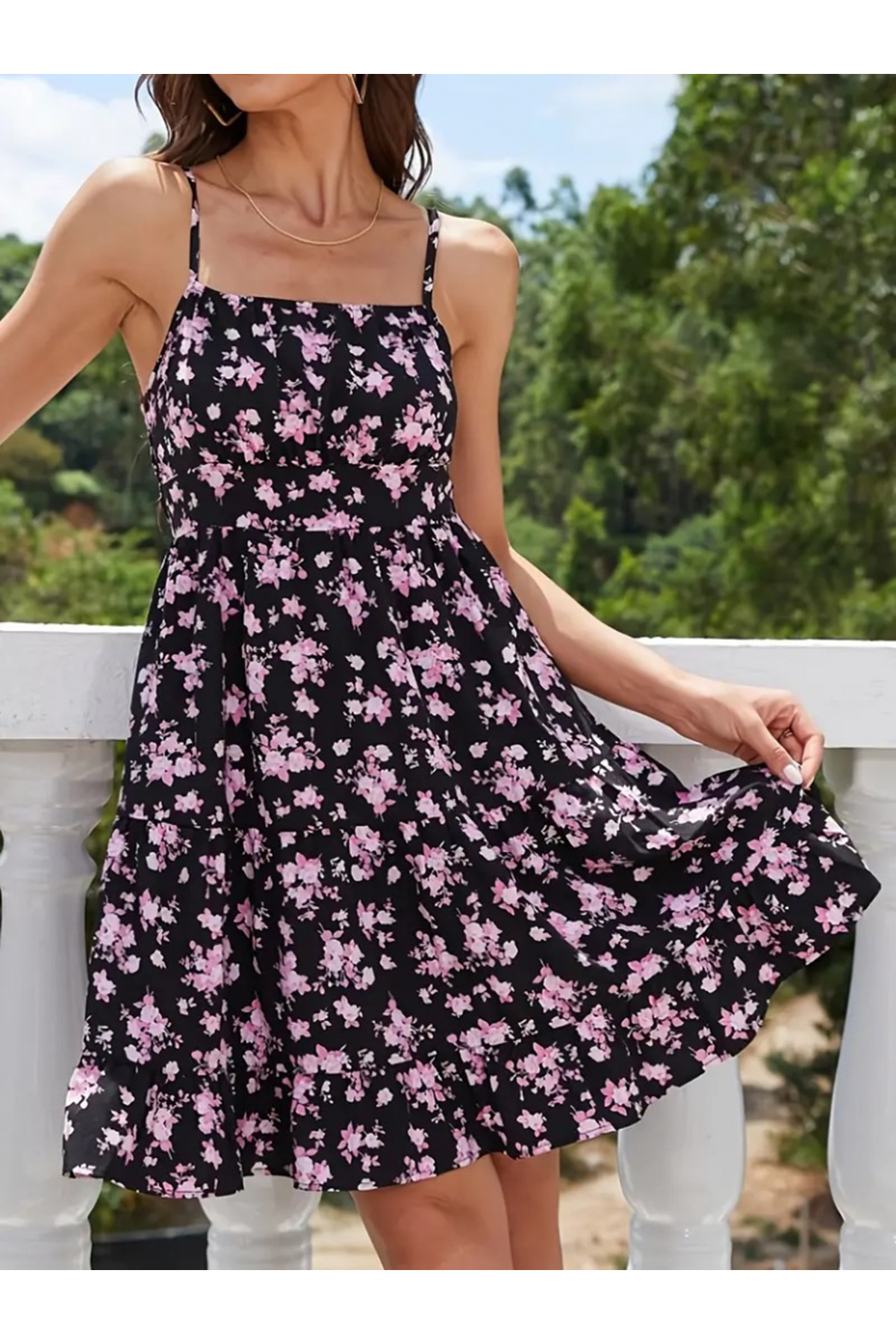 Kadın Askılı çiçek Desenli Süprem Mini Elbise