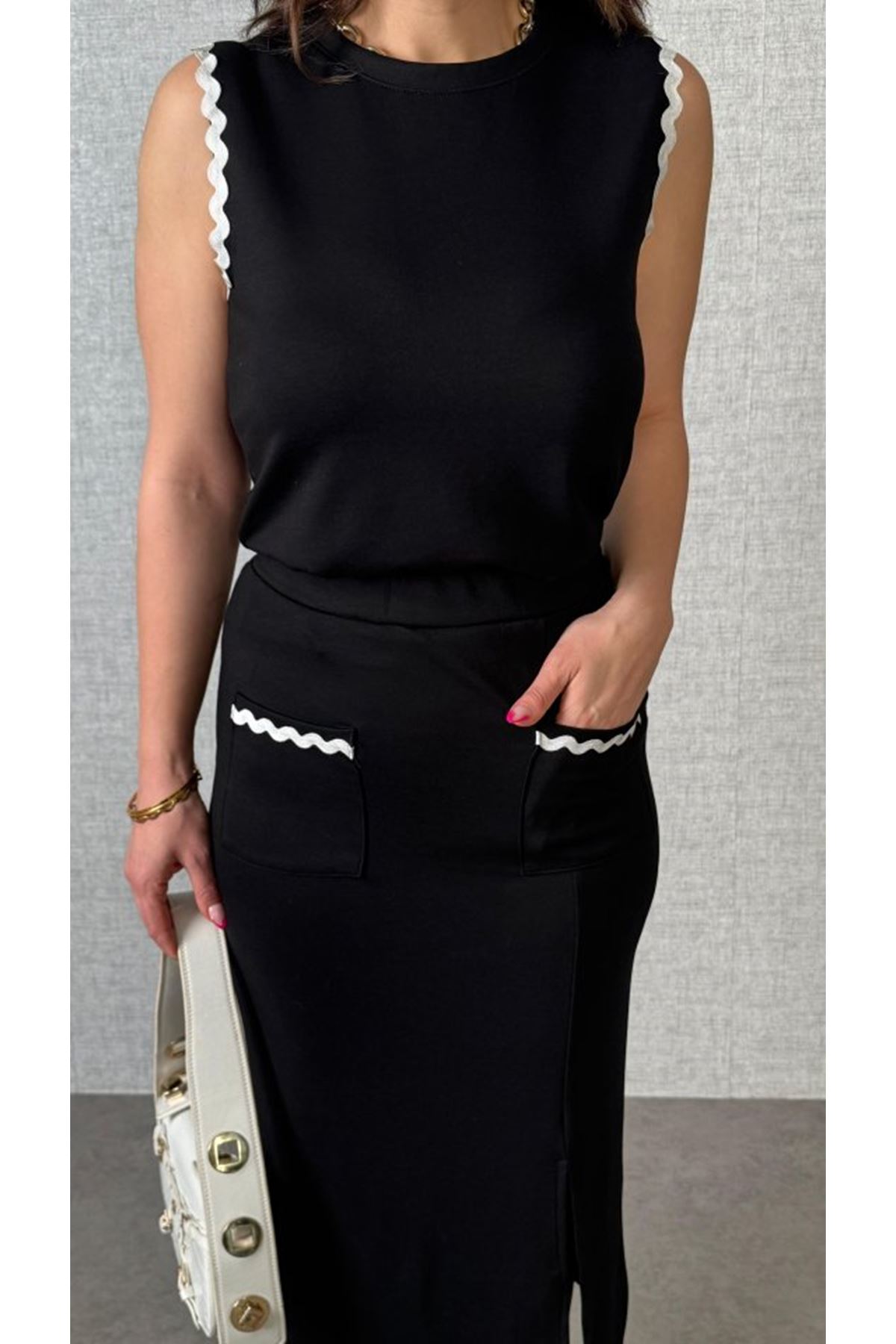 Kadın Modal Kumaş Cepli Yırtmaç Detay Etekli Ikili Takım