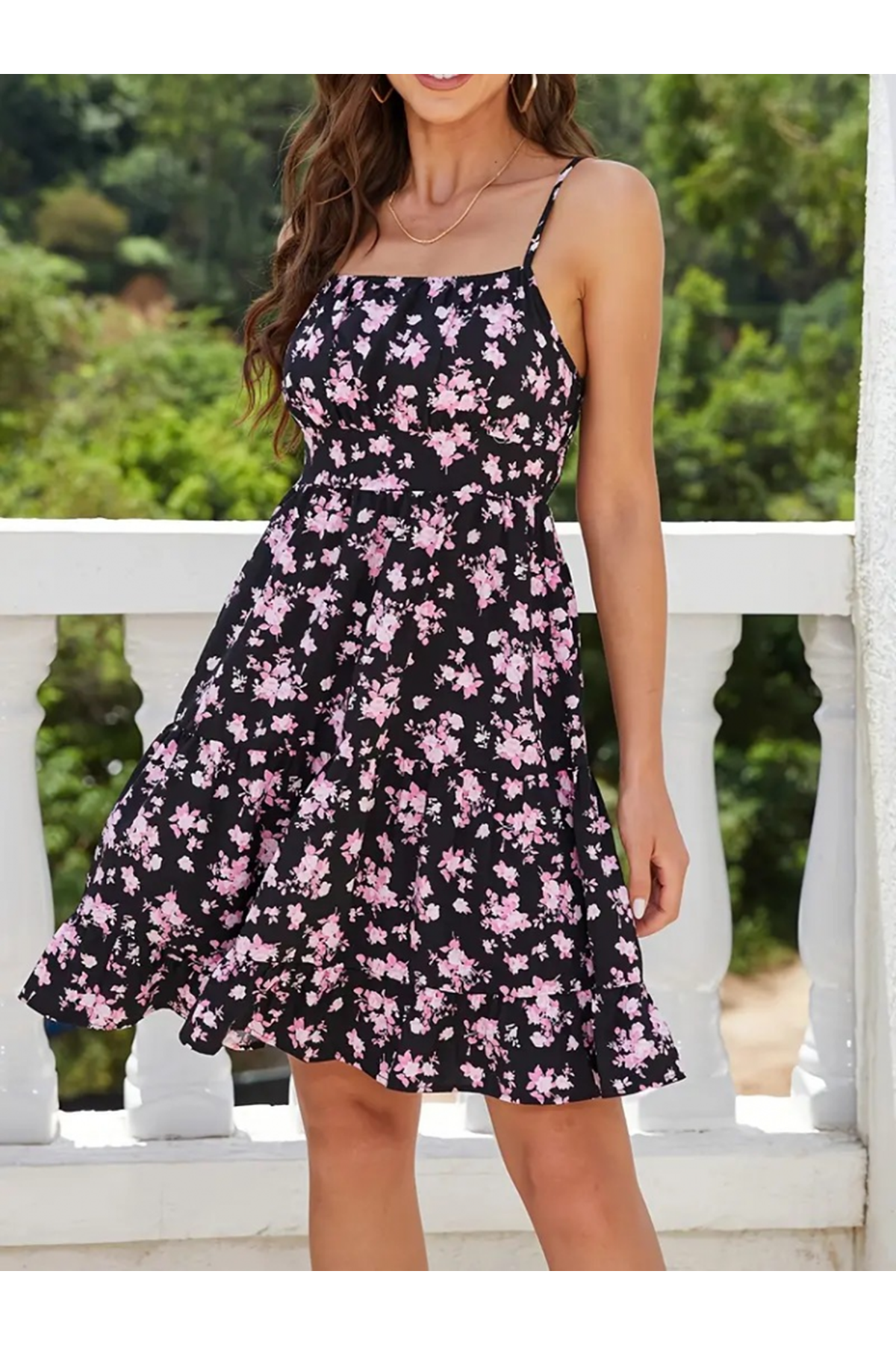 Kadın Askılı çiçek Desenli Süprem Mini Elbise