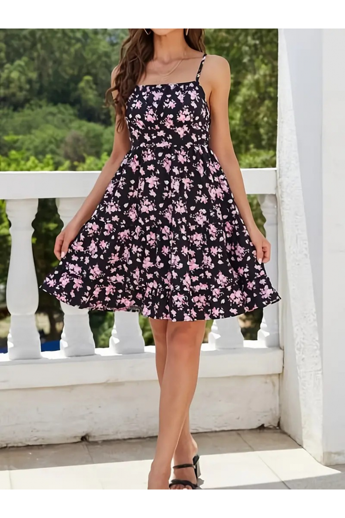 Kadın Askılı çiçek Desenli Süprem Mini Elbise