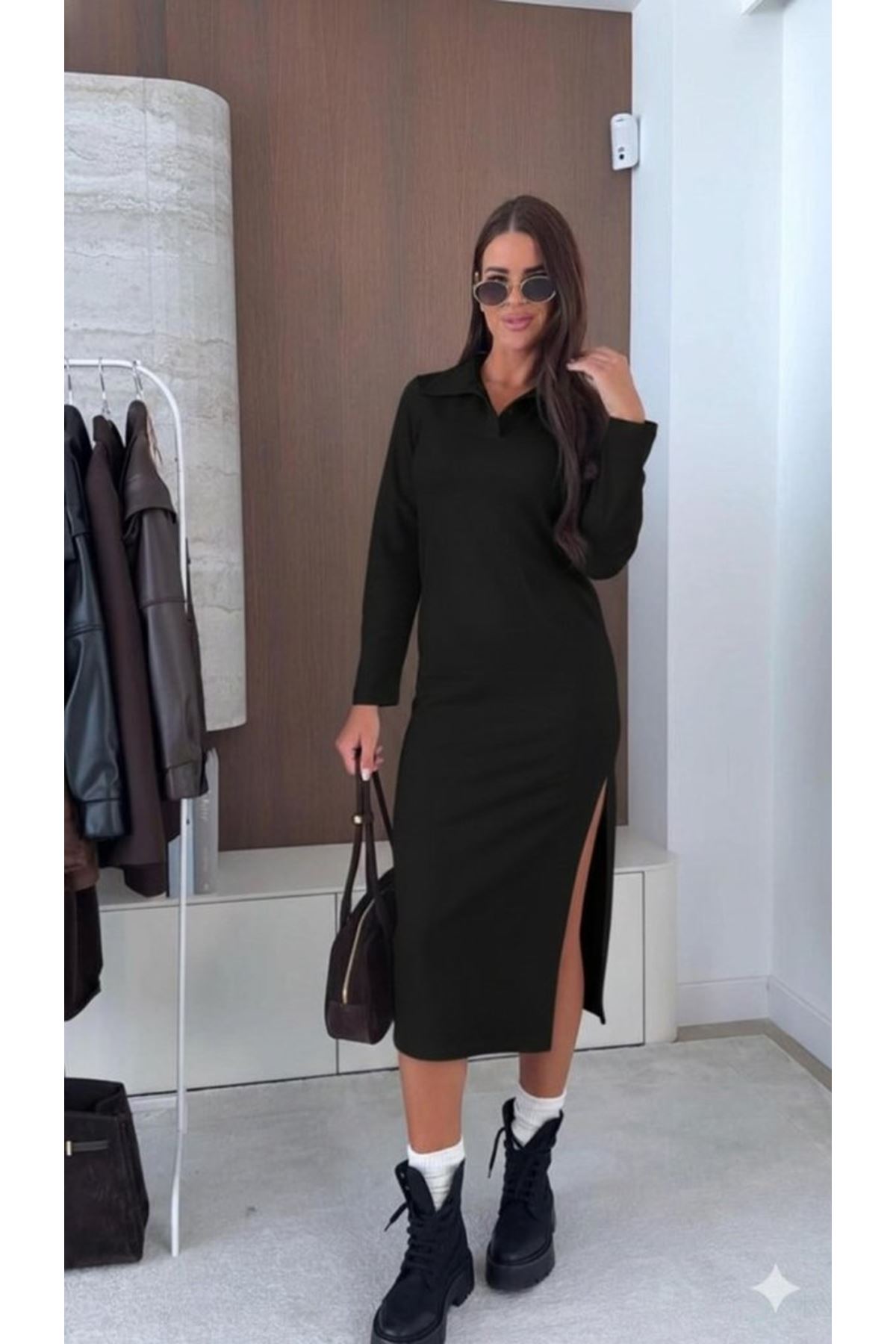 Kadın Uzun Kollu Yakalı Yandan Yırtmaçlı Midi Modal Elbise