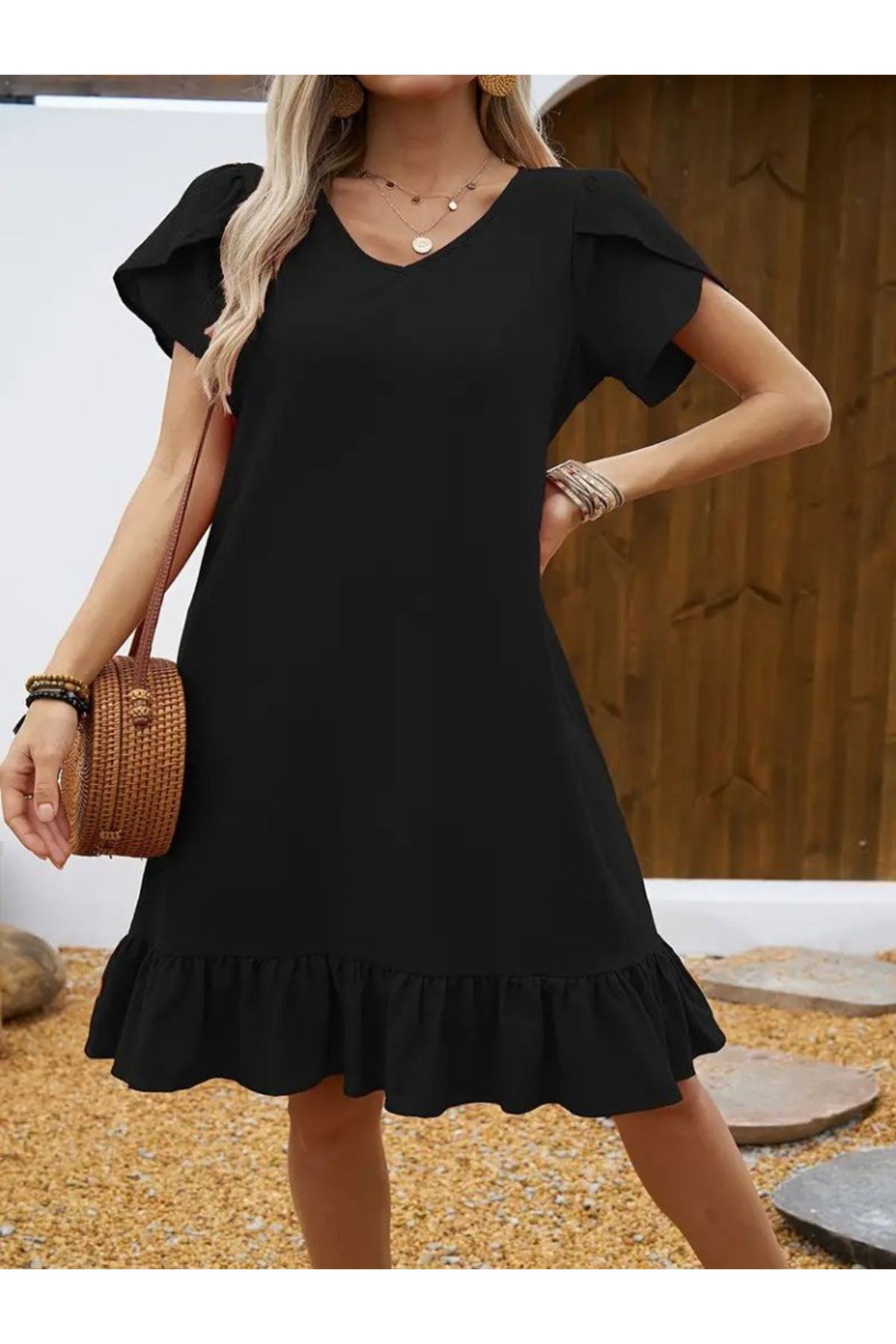 Kadın Kısa Kollu Bisiklet Yaka Fırfırlı Aerobin Elbise