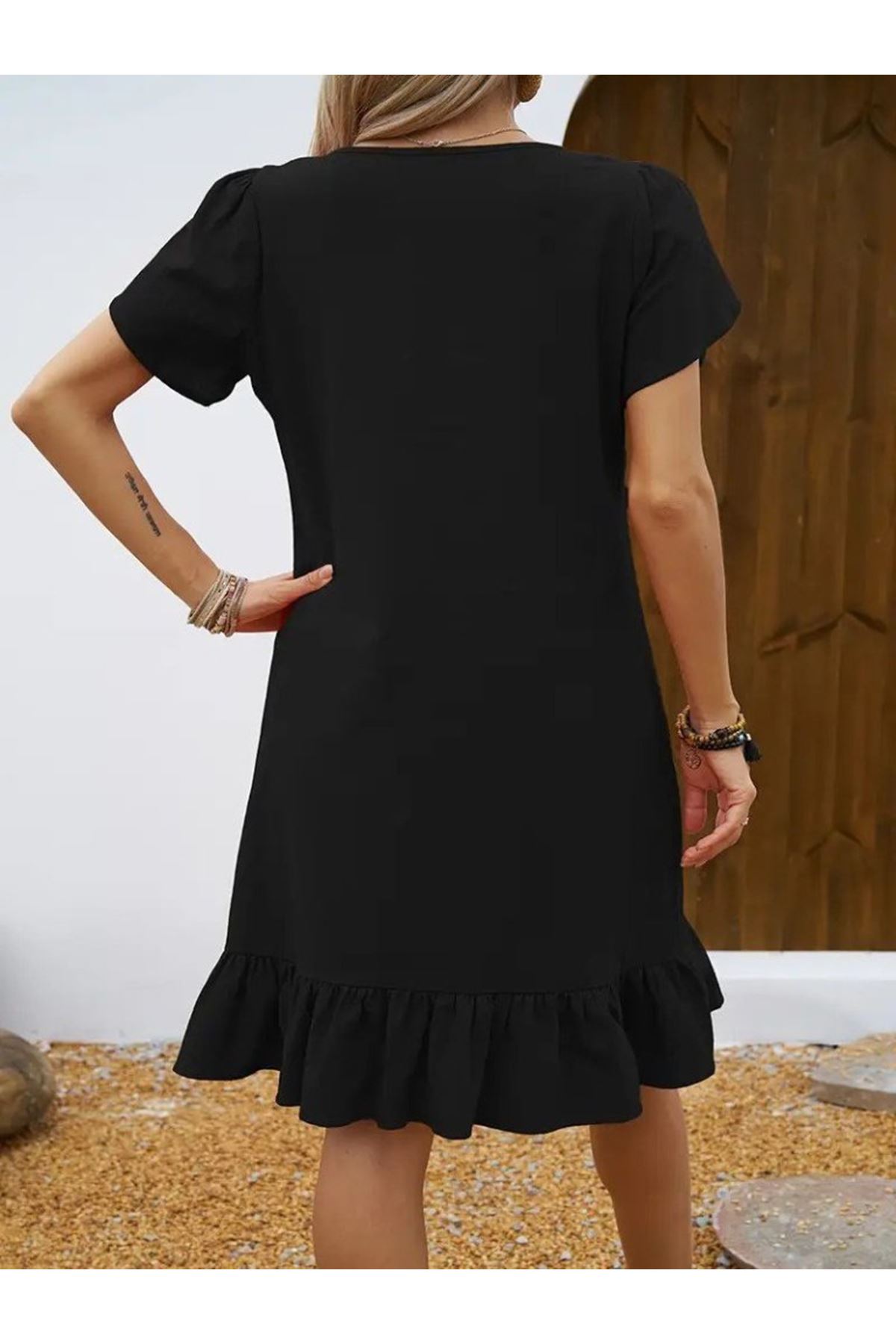 Kadın Kısa Kollu Bisiklet Yaka Fırfırlı Aerobin Elbise