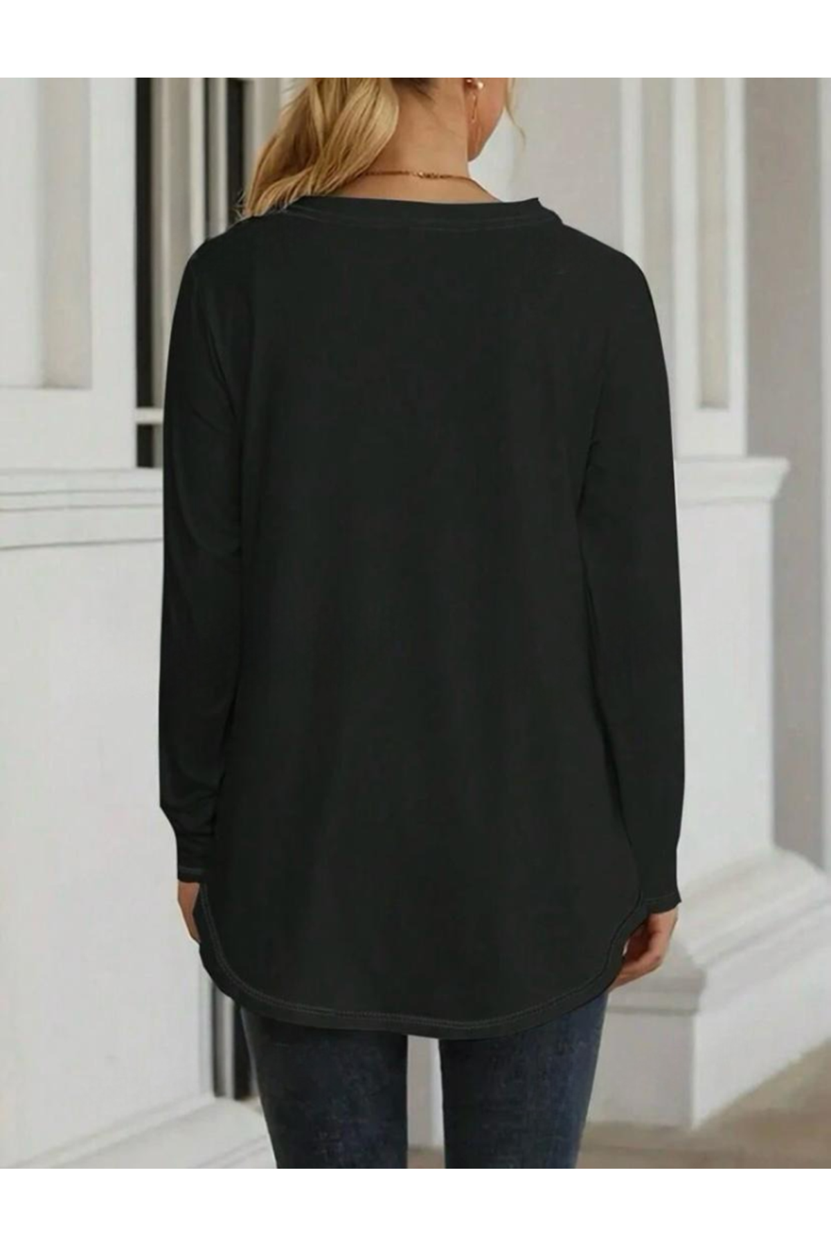 Kadın Uzun Kollu Yuvarlak Yaka Salaş Iki Iplik Bluz