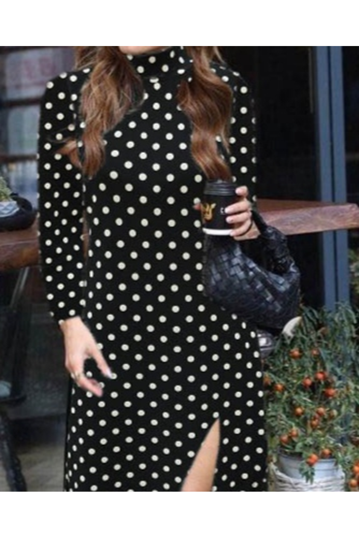 Kadın Uzun Kollu Balıkçı Yaka Yırtmaçlı Krep Elbise