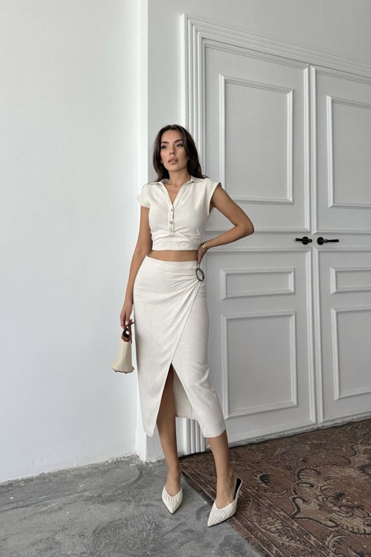 Bej Keten Gömlek Ve Etek Takım