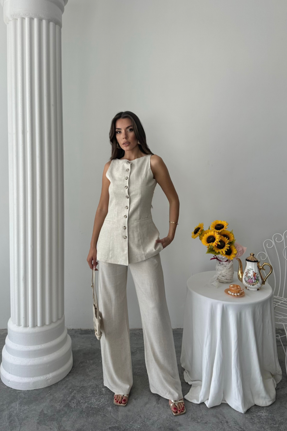 KETEN YELEK - PANTOLON TAKIM - Taş