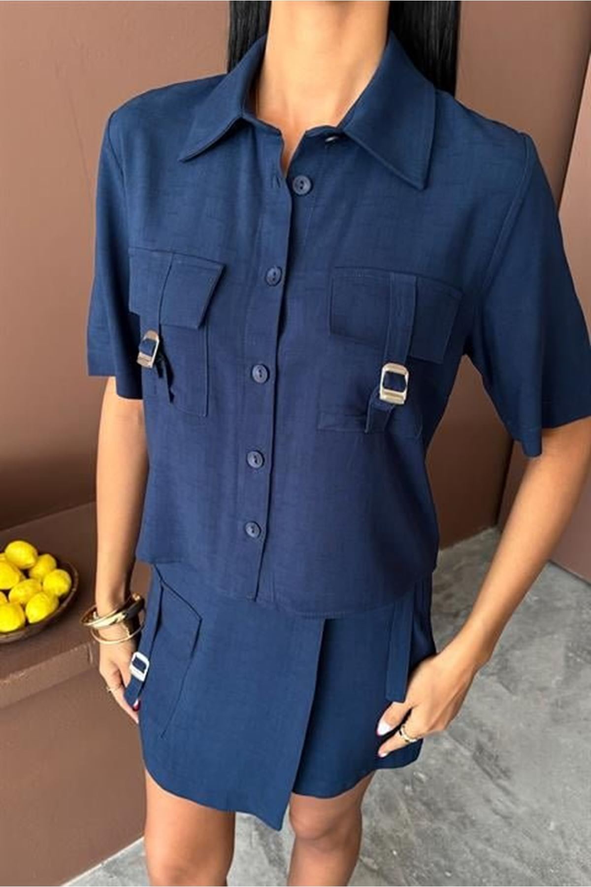 Gömlek Şort Etek Viscon Keten Takım 10162