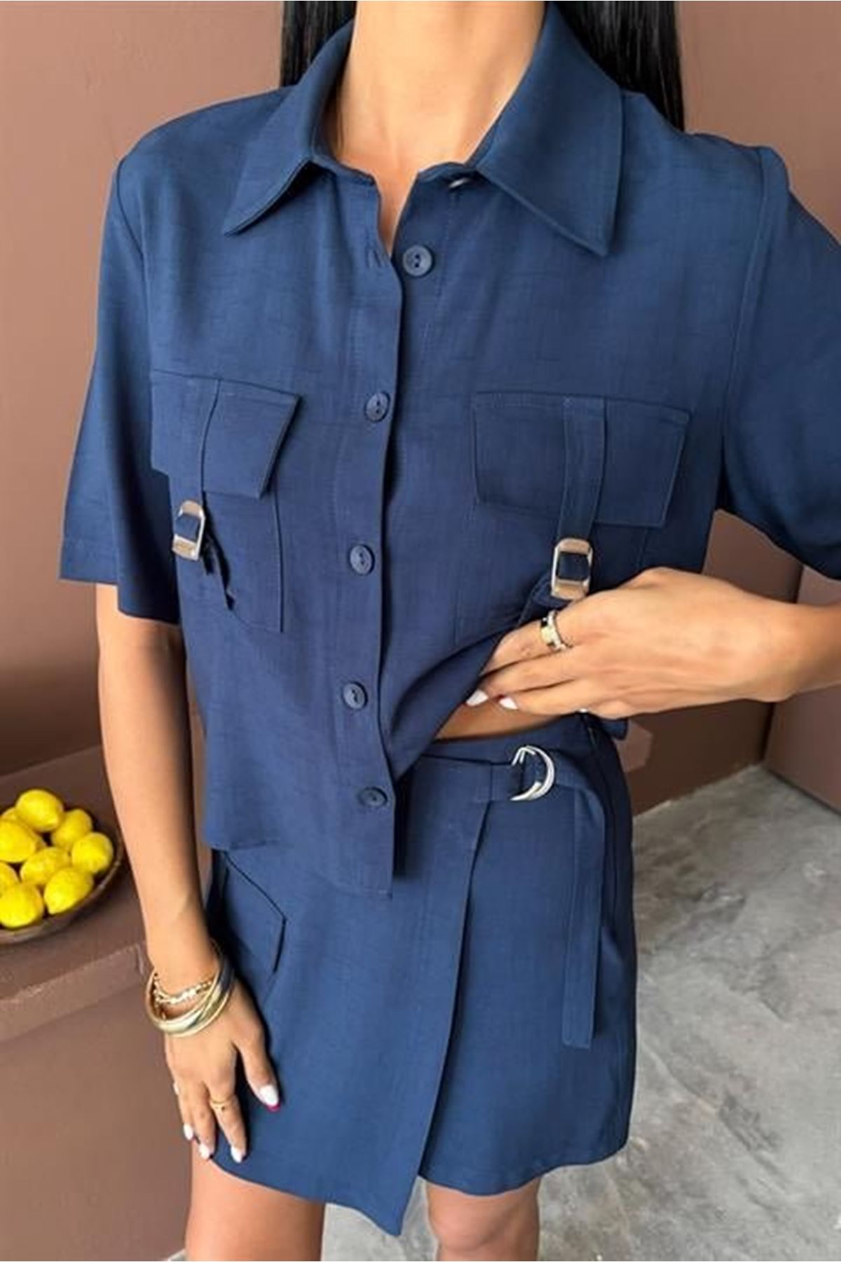 Gömlek Şort Etek Viscon Keten Takım 10162