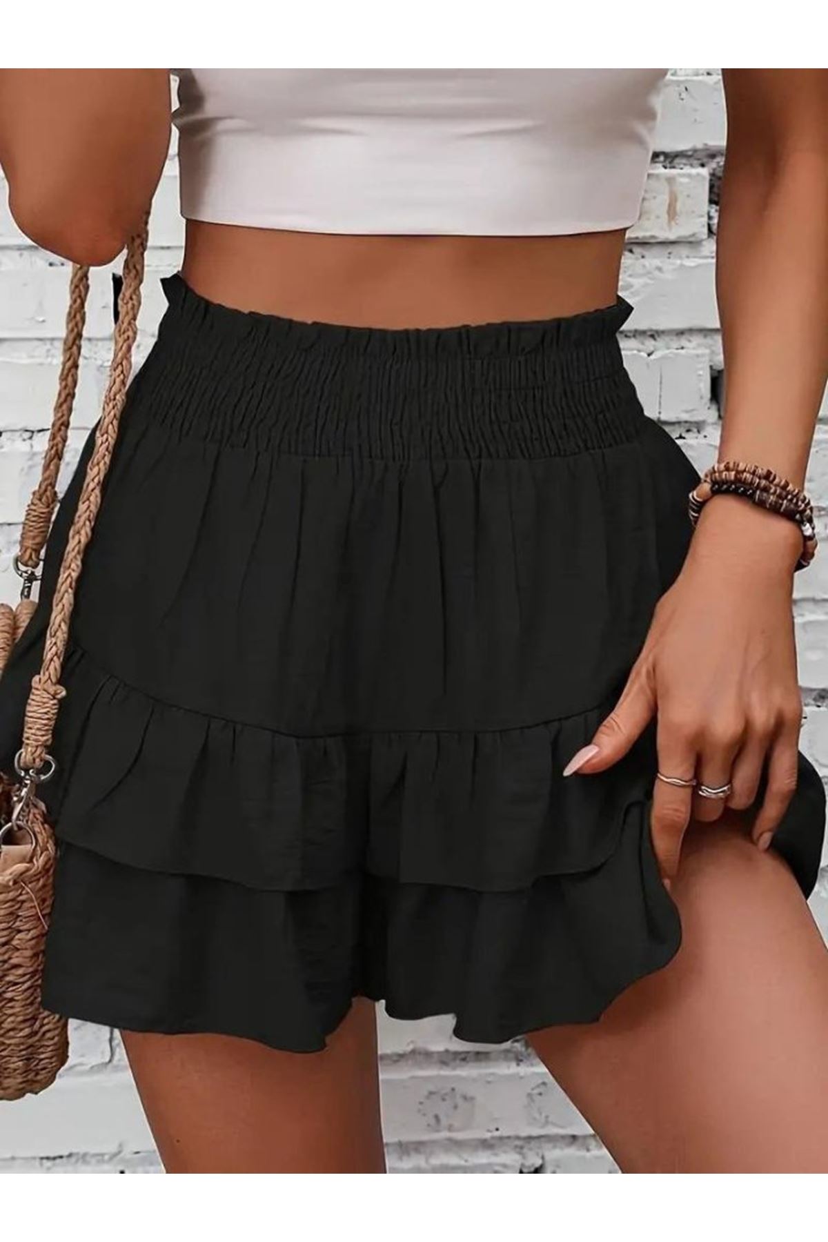 Kadın Beli Lastikli Eteği Fırfırlı Mini Etek