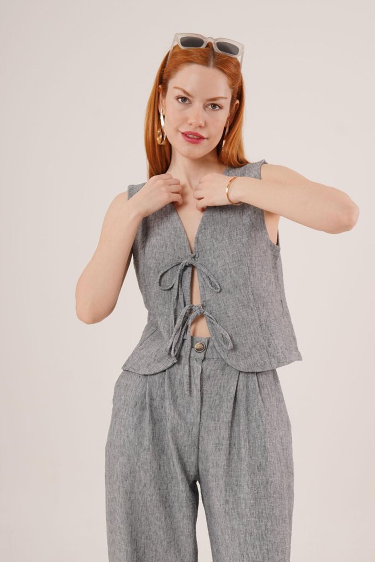 Ön Bağlama Detaylı Yelek Ve Pantolon Antrasit İkili Takım